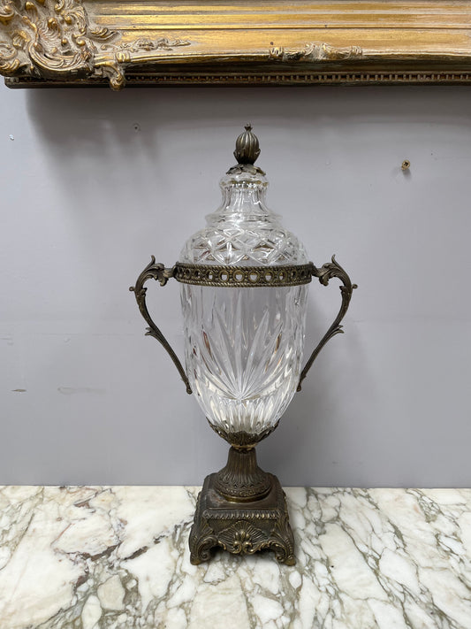 Decorative Cut Glass & Metal Urn With Lid