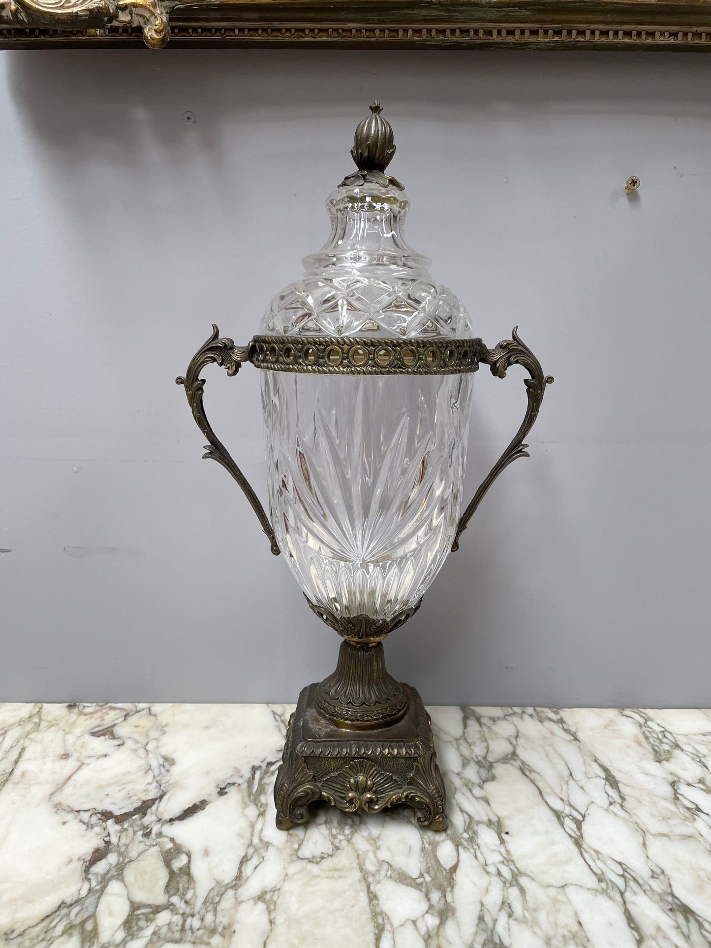 Decorative Cut Glass & Metal Urn With Lid