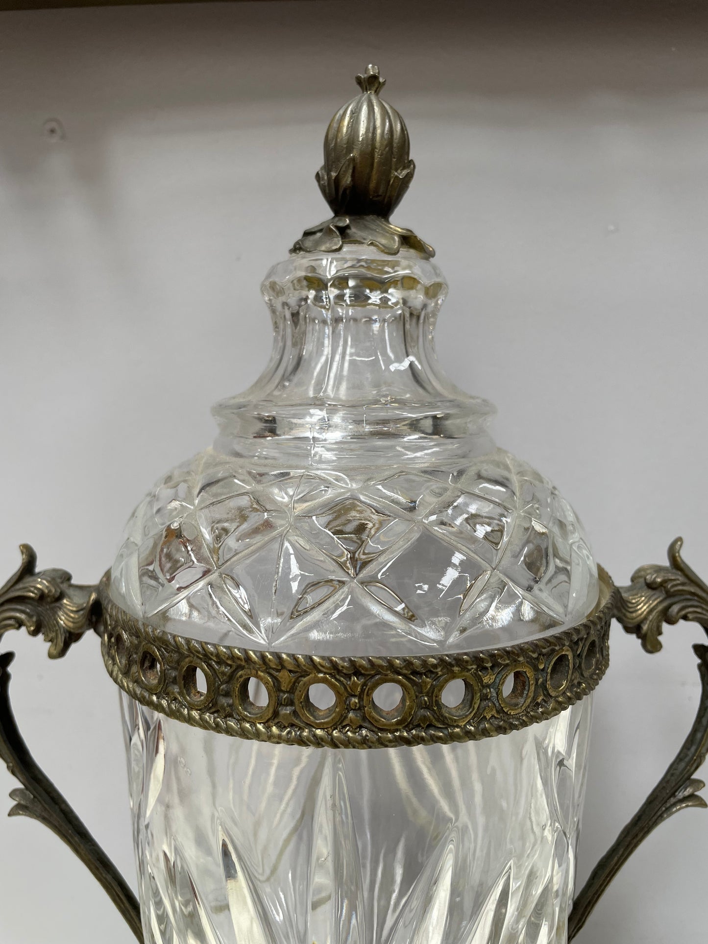 Decorative Cut Glass & Metal Urn With Lid