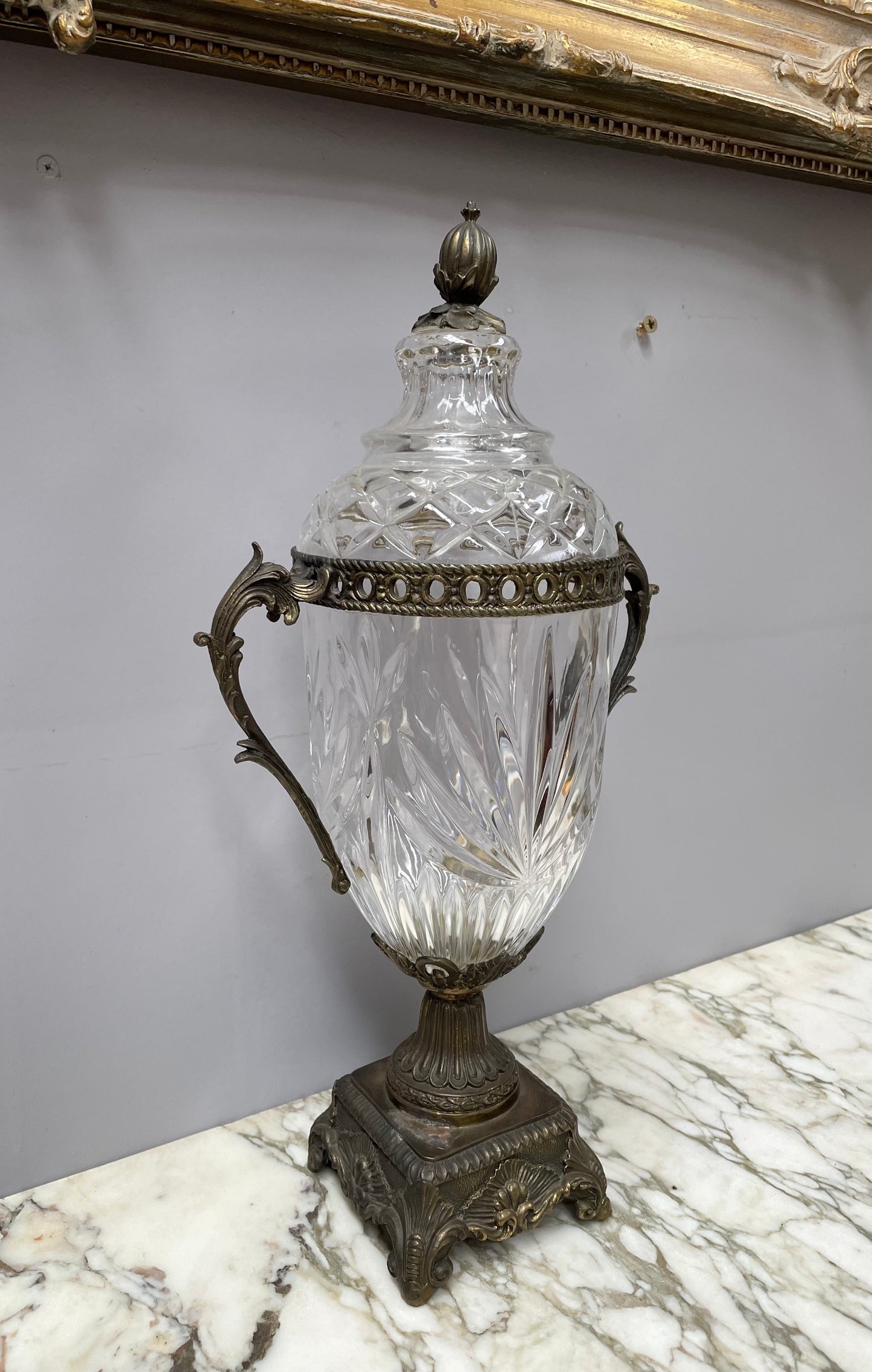 Decorative Cut Glass & Metal Urn With Lid