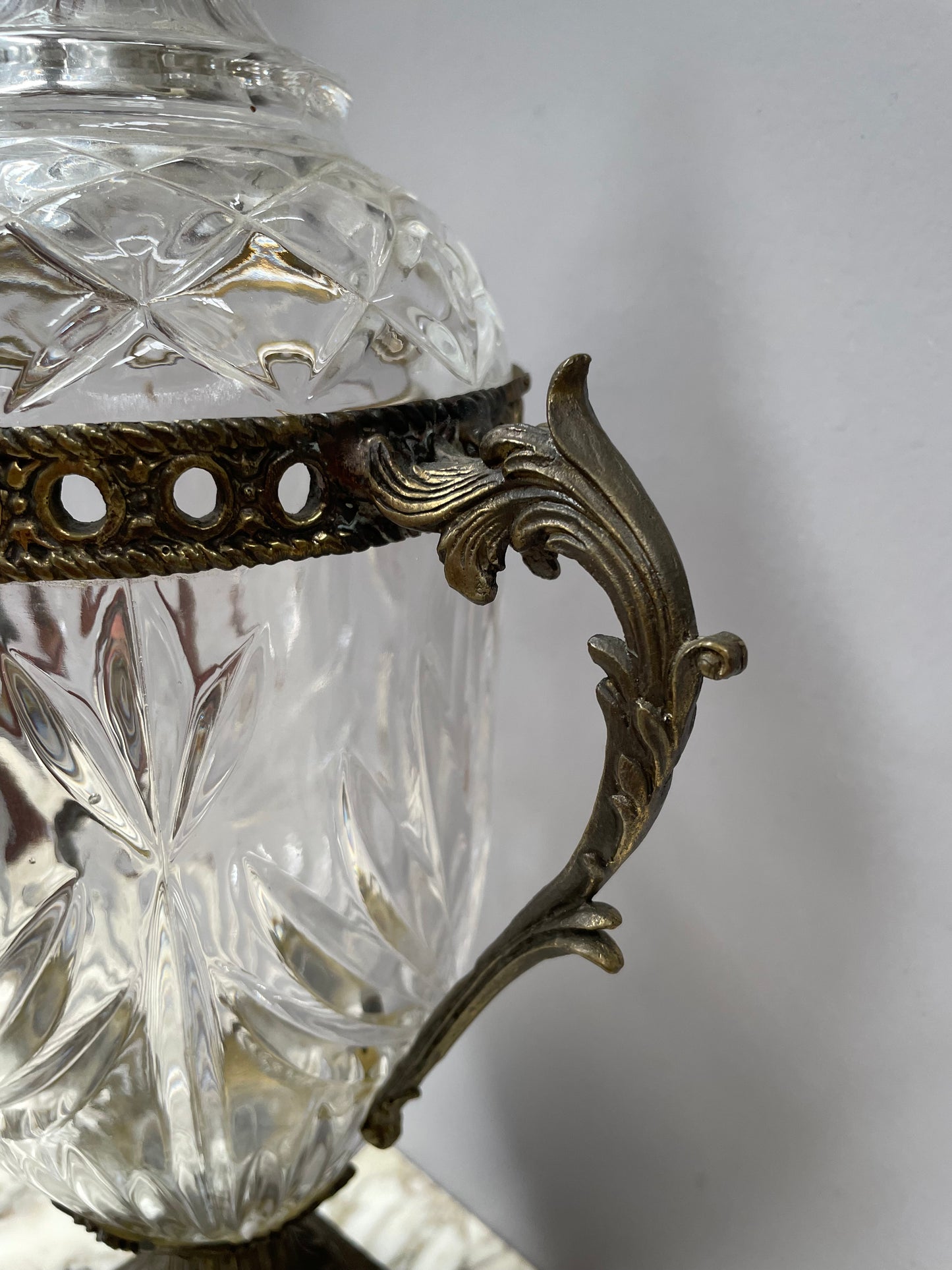 Decorative Cut Glass & Metal Urn With Lid