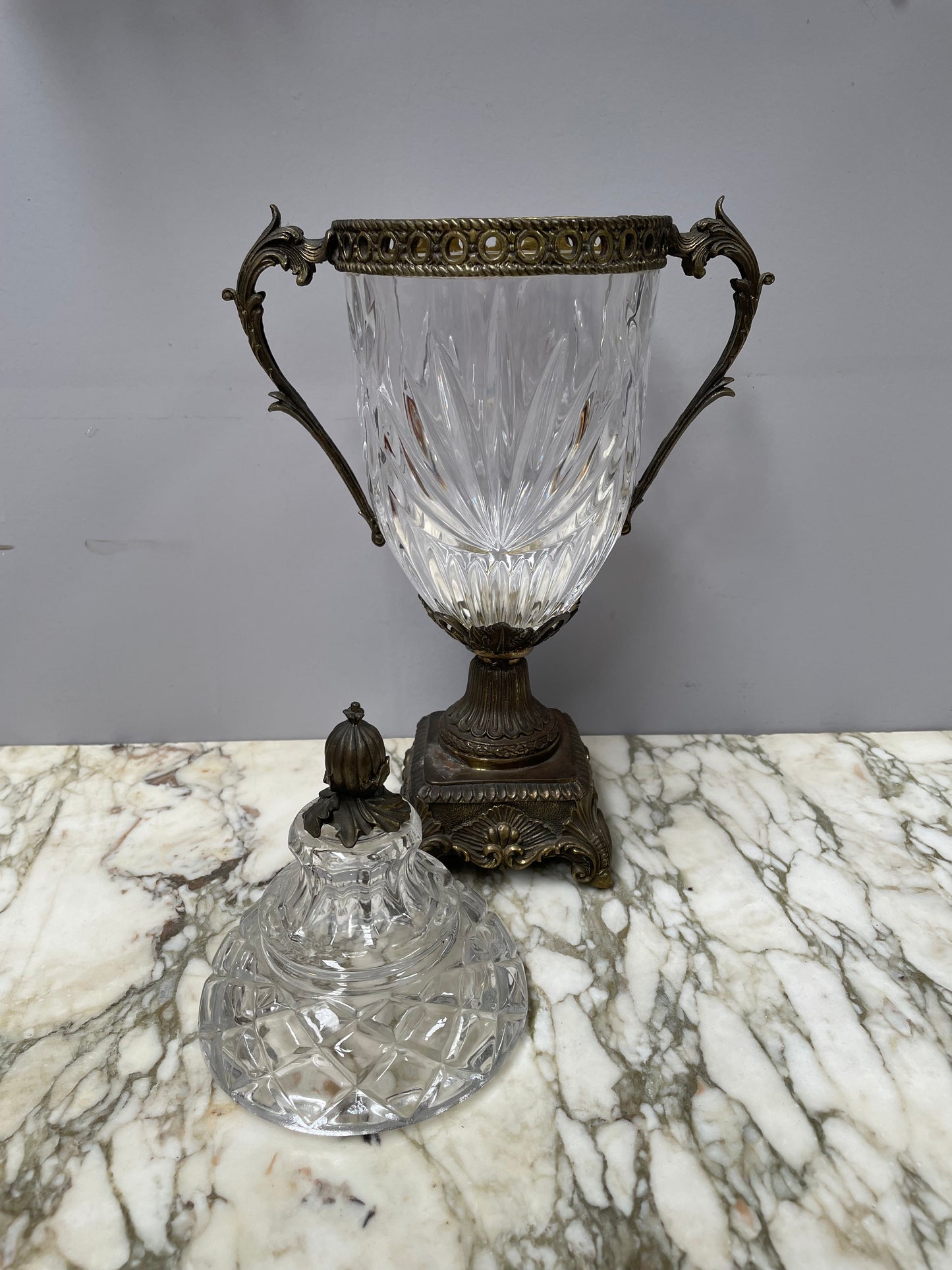 Decorative Cut Glass & Metal Urn With Lid