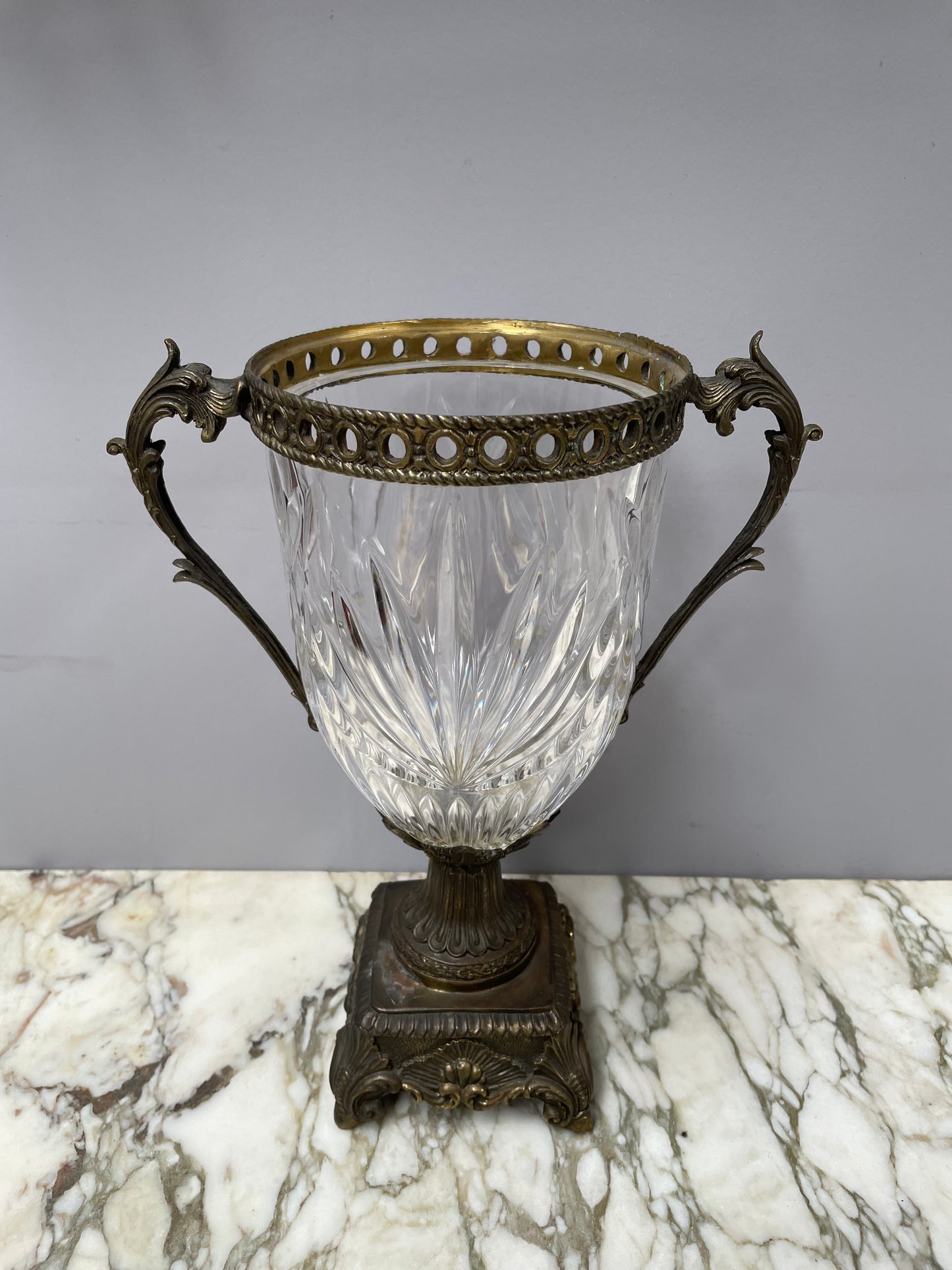 Decorative Cut Glass & Metal Urn With Lid