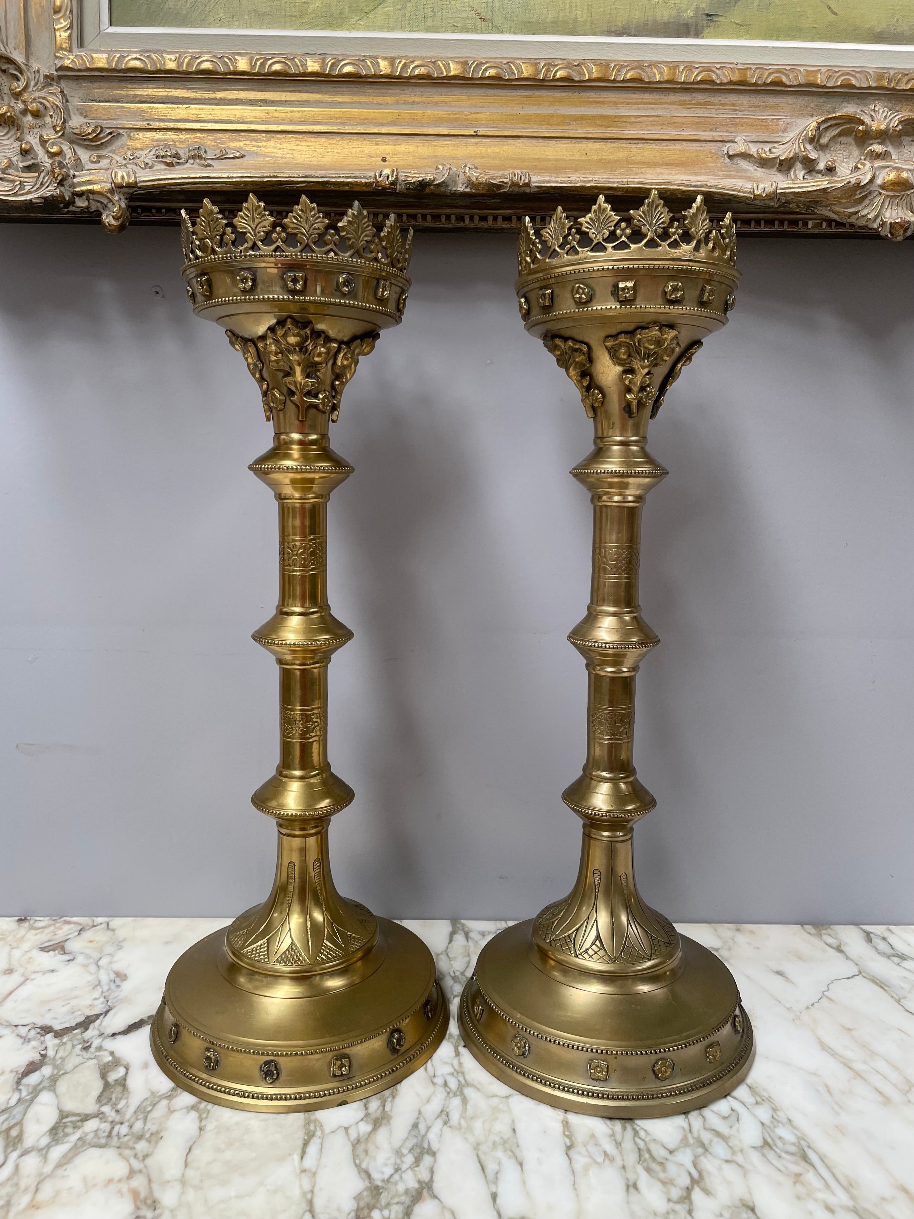 Stunning Pair 19th Century Gilt Brass Church Candlesticks | Antique & Vintage | Moonee Ponds Antiques | Australia Wide Delivery
