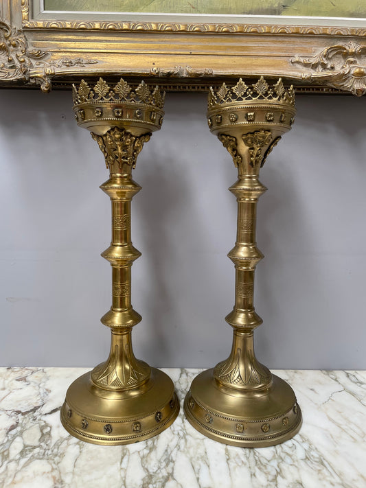 Stunning Pair 19th Century Gilt Brass Church Candlesticks