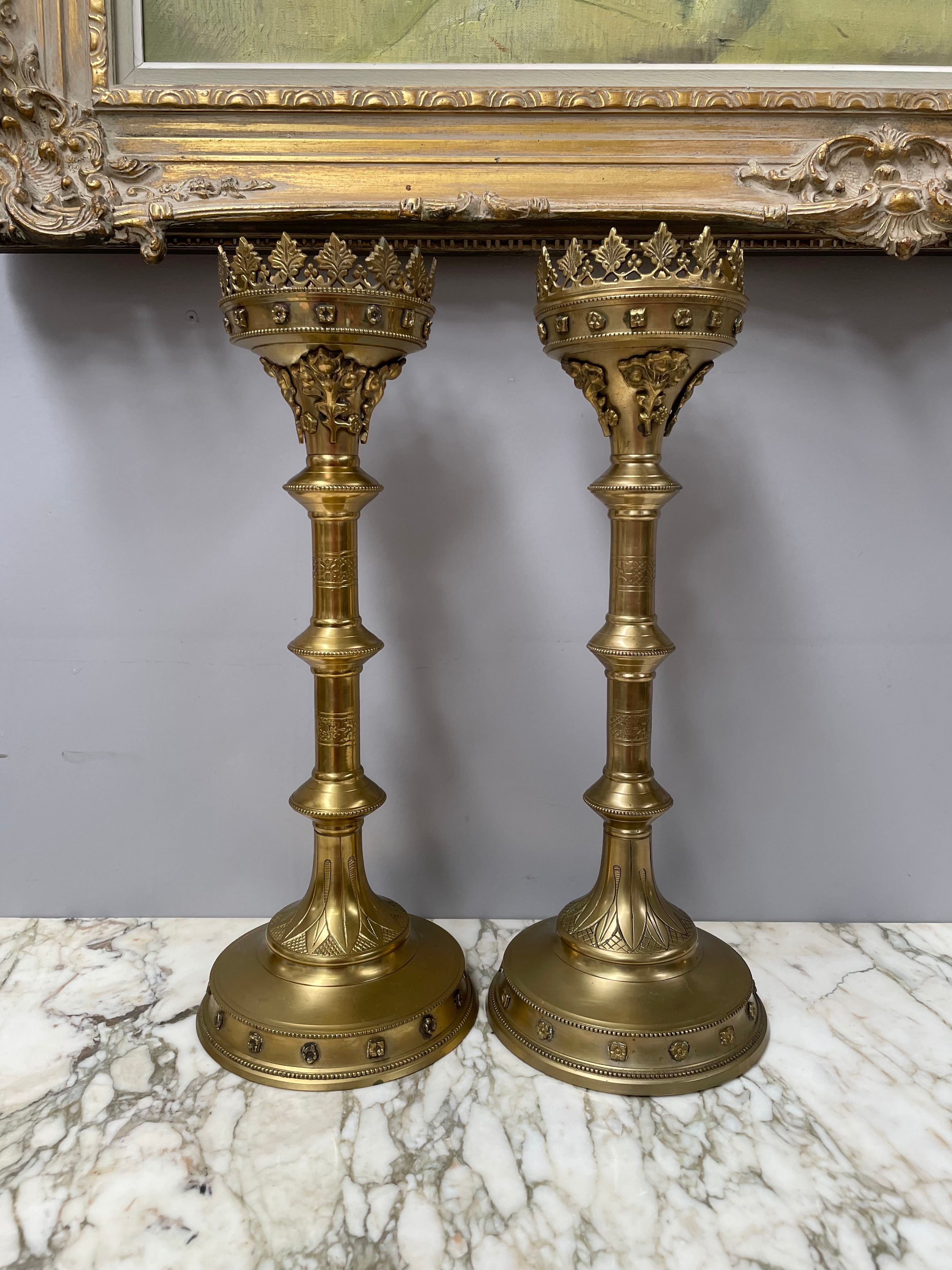 Stunning Pair 19th Century Gilt Brass Church Candlesticks | Antique & Vintage | Moonee Ponds Antiques | Australia Wide Delivery