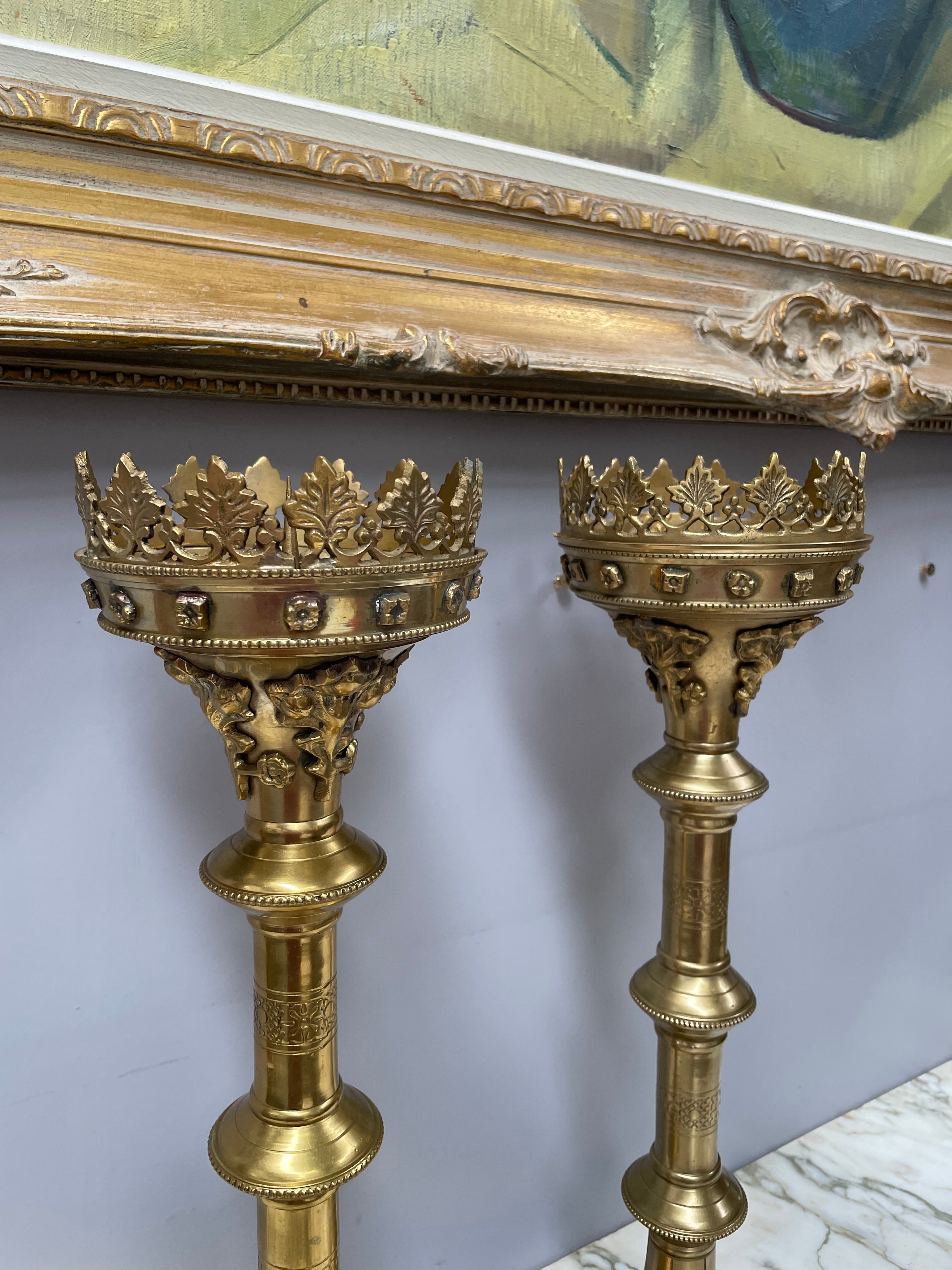 Stunning Pair 19th Century Gilt Brass Church Candlesticks | Antique & Vintage | Moonee Ponds Antiques | Australia Wide Delivery