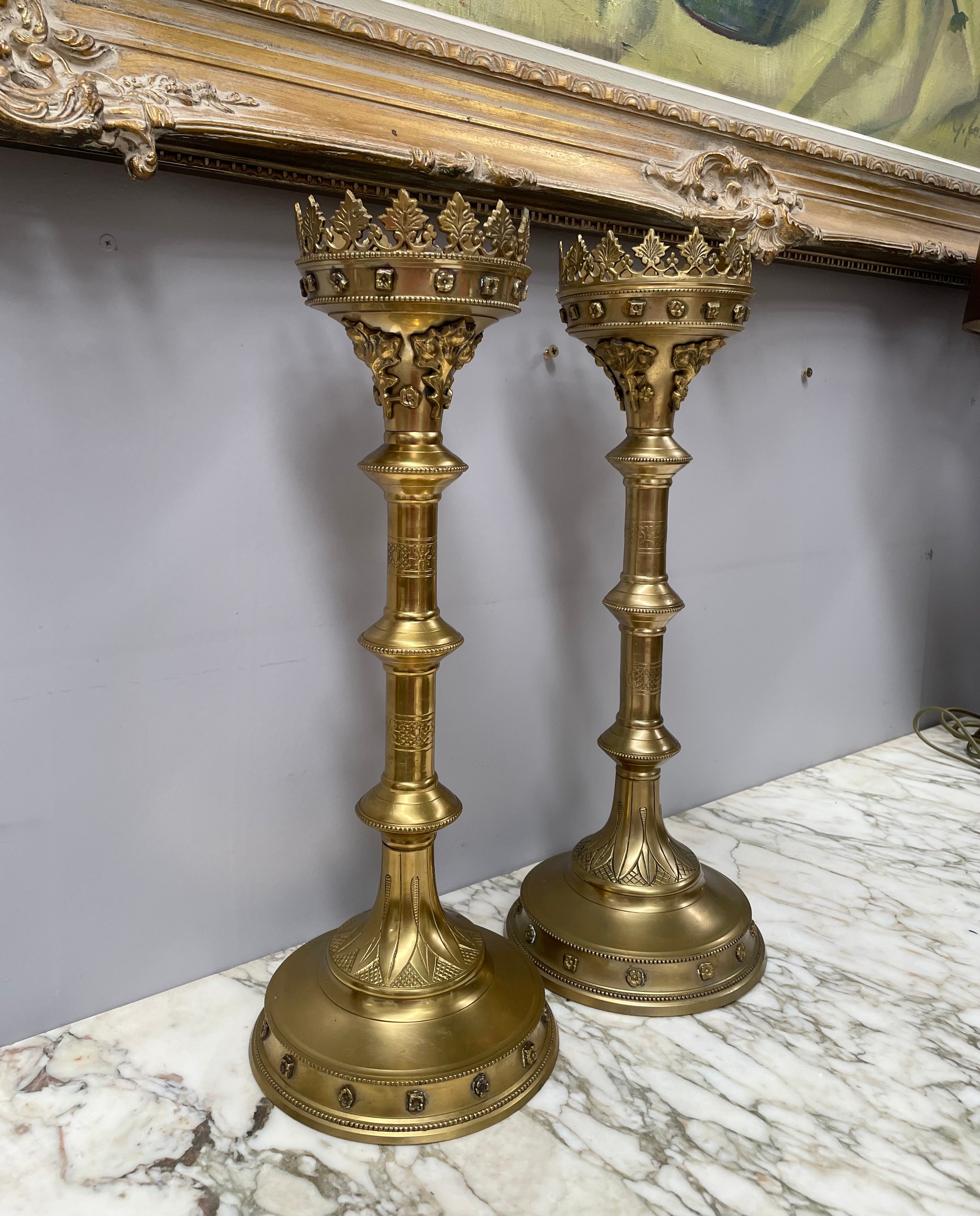 Stunning Pair 19th Century Gilt Brass Church Candlesticks | Antique & Vintage | Moonee Ponds Antiques | Australia Wide Delivery
