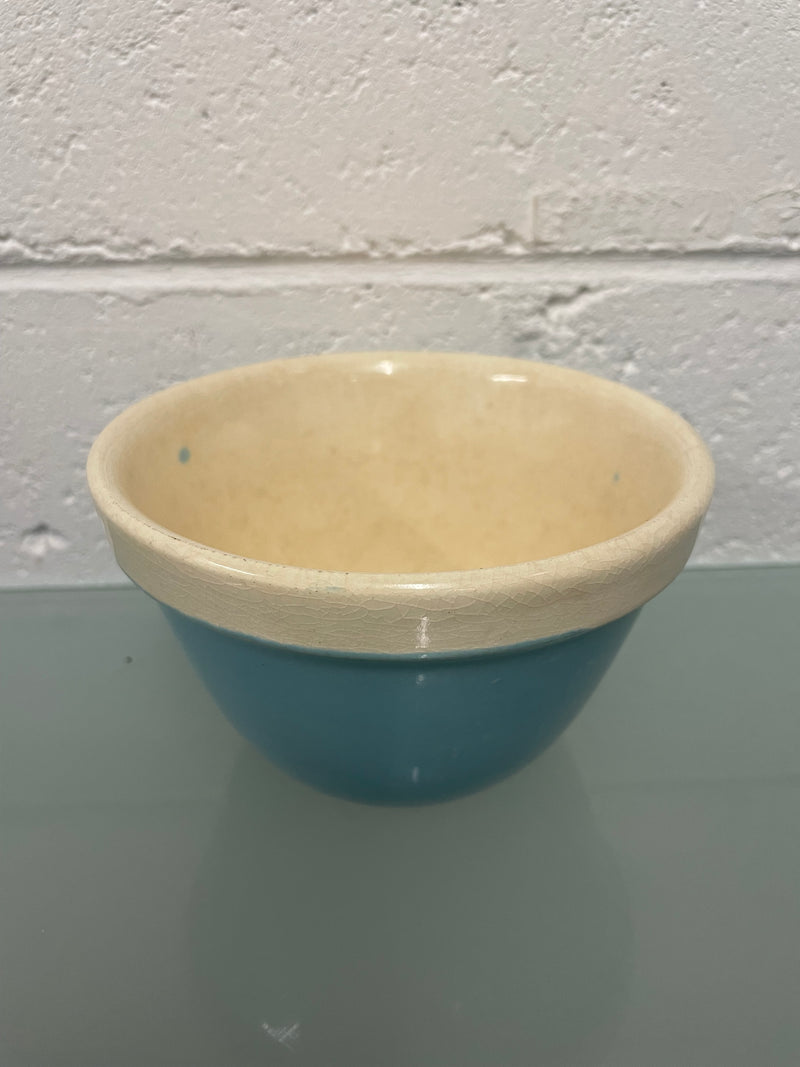 Lovely small vintage mixing bowl made in Britain stamp on base. It is blue and white in colour and it is in good original condition.