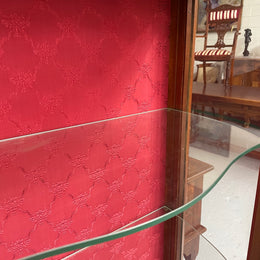 Beautiful French Louis XV style Walnut and bronze mounted vitrine with fabric interior and glass shelves. Sourced from France and in good original detailed condition.