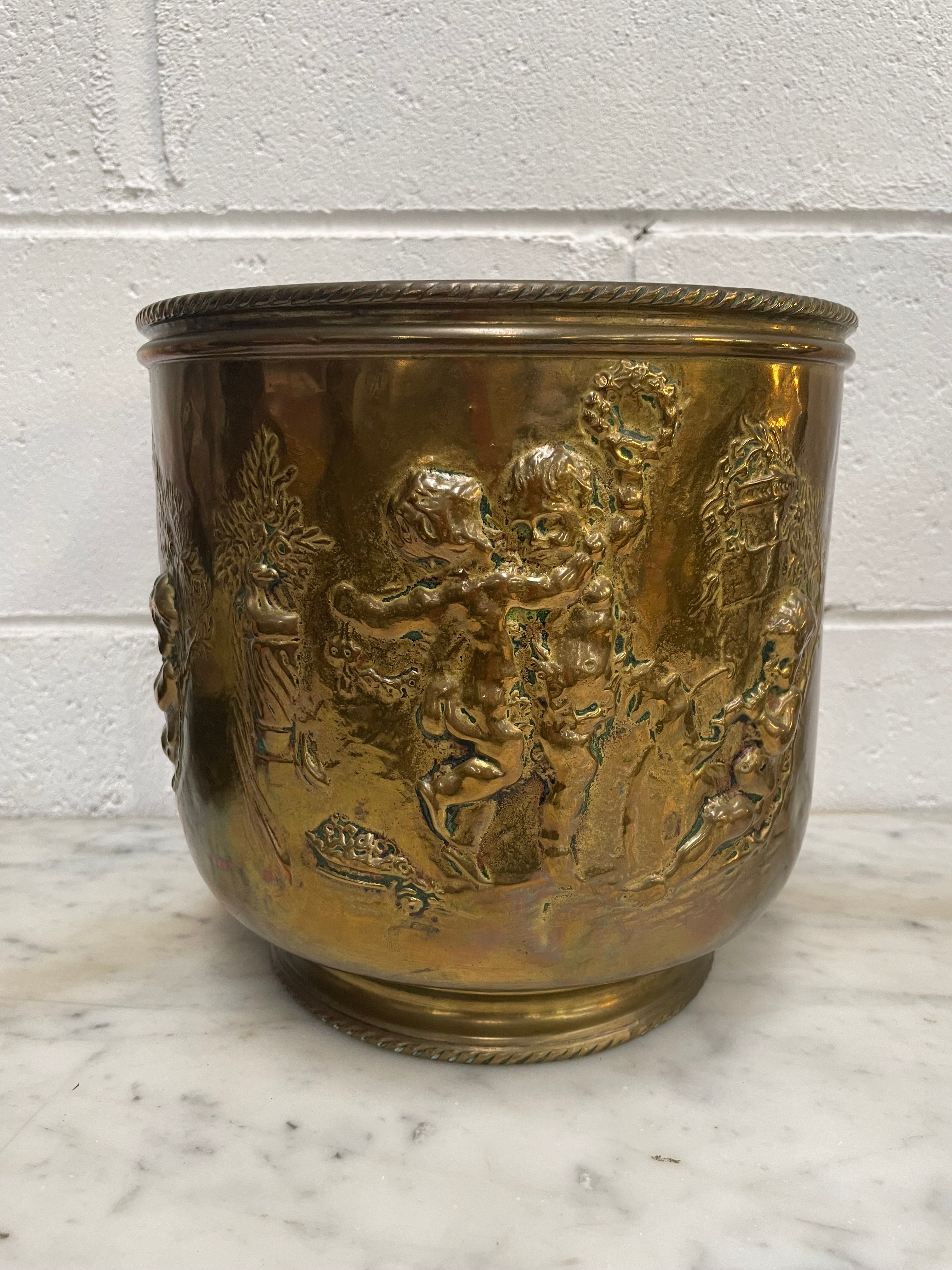 Beautiful French Antique Brass Jardinière Decorated with Cherubs