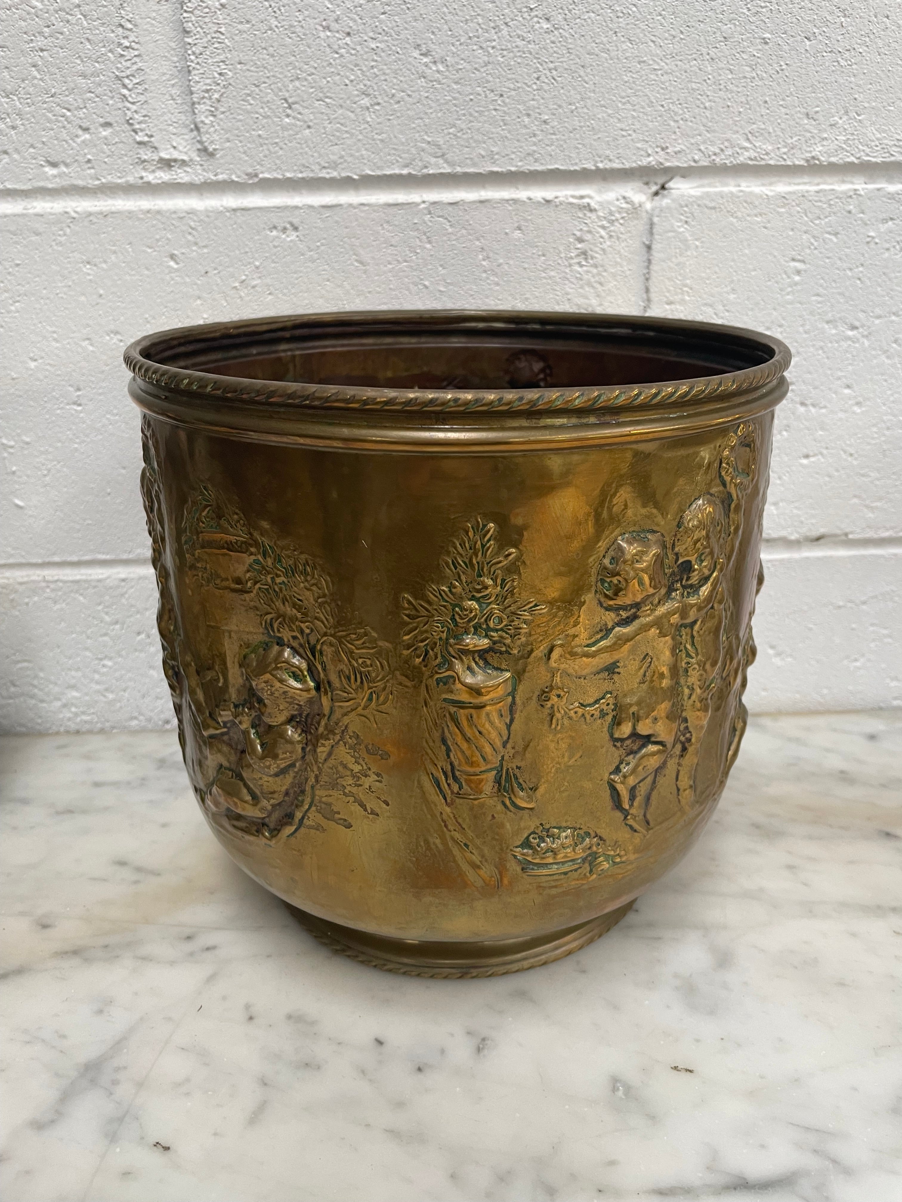 Beautiful French Antique Brass Jardinière Decorated with Cherubs