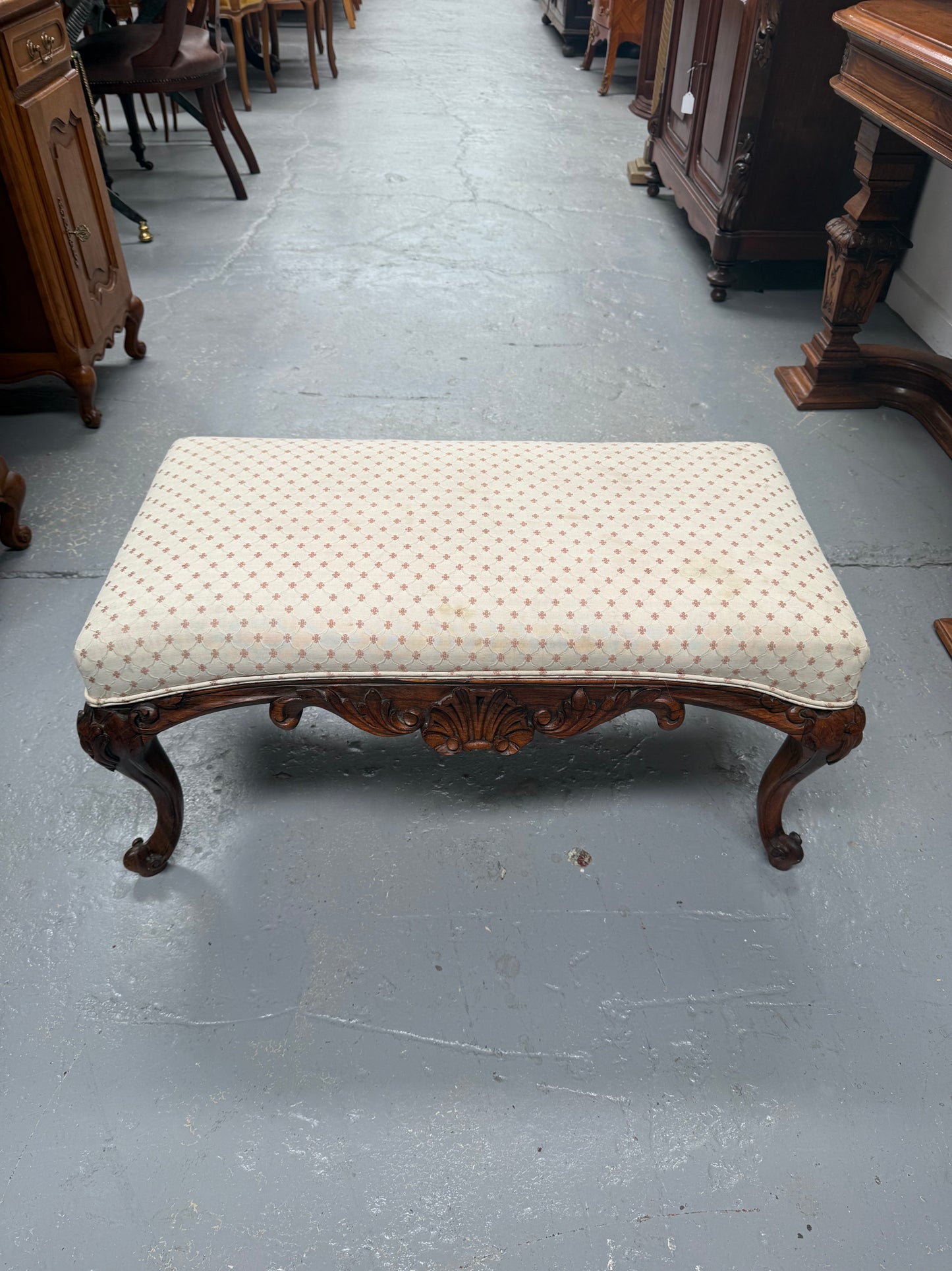 Antique 19th Century French Carved Walnut & Upholstered Stool