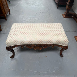 Antique 19th Century French Carved Walnut & Upholstered Stool