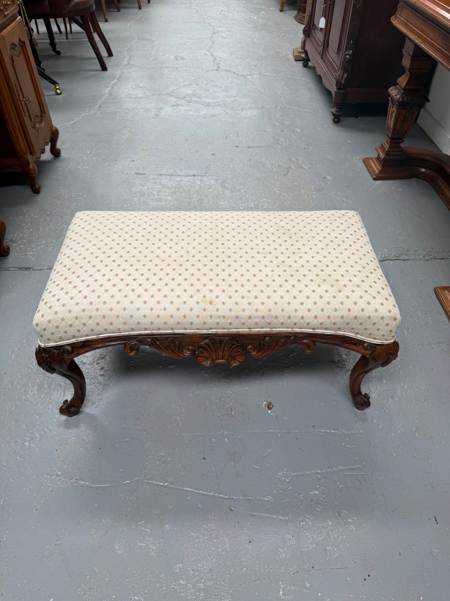 Antique 19th Century French Carved Walnut & Upholstered Stool
