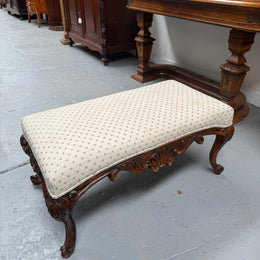 Antique 19th Century French Carved Walnut & Upholstered Stool