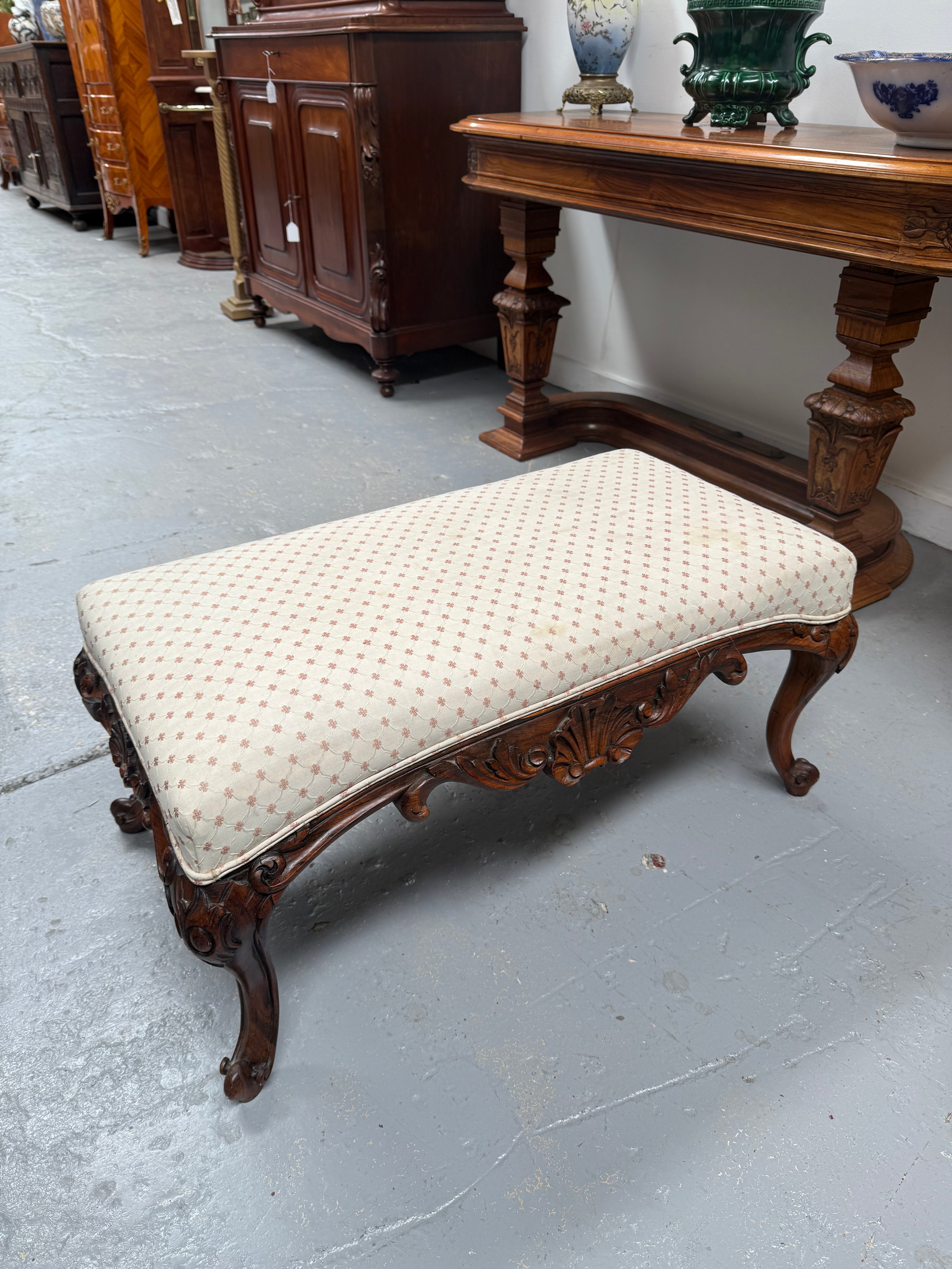 Antique 19th Century French Carved Walnut & Upholstered Stool | Antique & Vintage | Moonee Ponds Antiques | Australia Wide Delivery