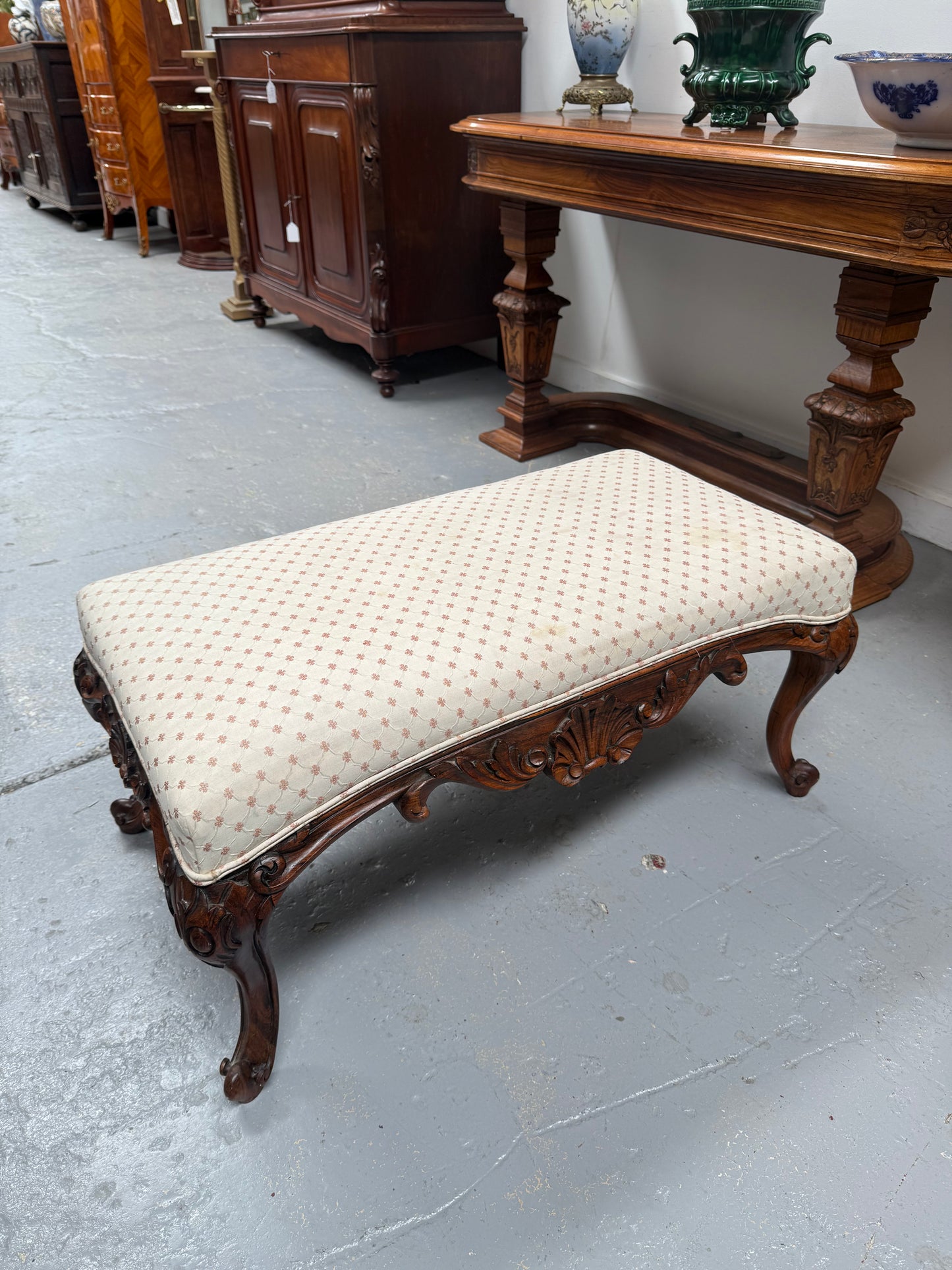 Antique 19th Century French Carved Walnut & Upholstered Stool