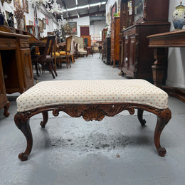 Antique 19th Century French Carved Walnut & Upholstered Stool