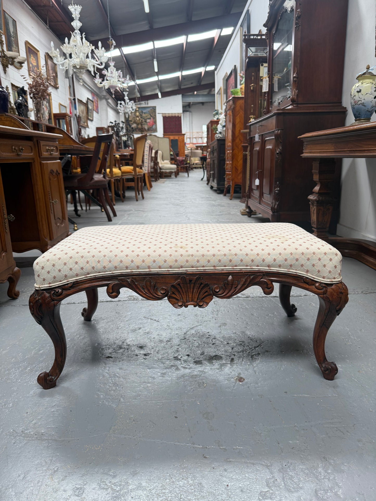 Antique 19th Century French Carved Walnut & Upholstered Stool