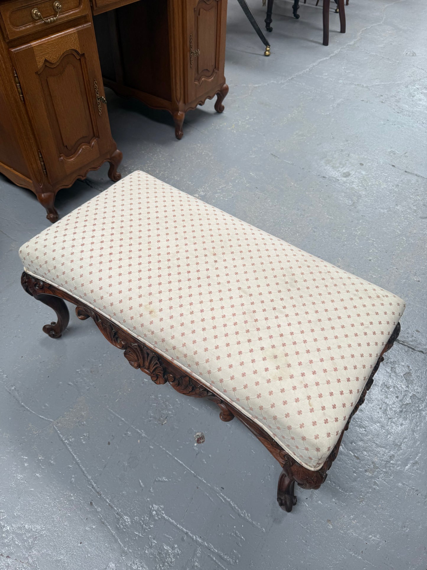 Antique 19th Century French Carved Walnut & Upholstered Stool