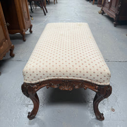 Antique 19th Century French Carved Walnut & Upholstered Stool
