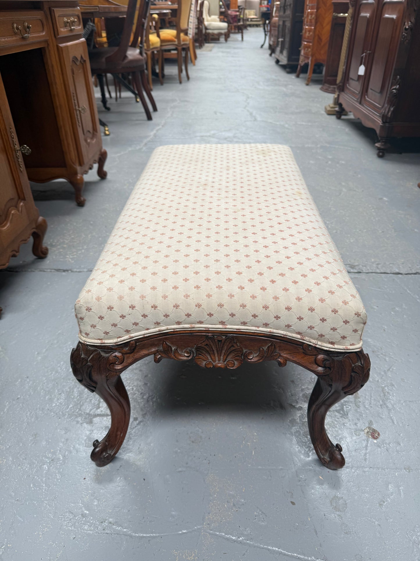 Antique 19th Century French Carved Walnut & Upholstered Stool
