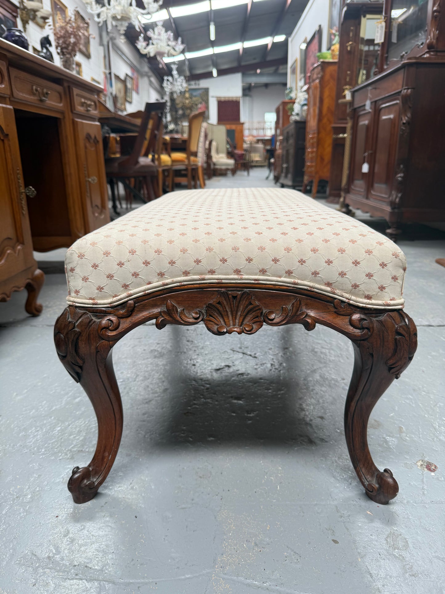 Antique 19th Century French Carved Walnut & Upholstered Stool