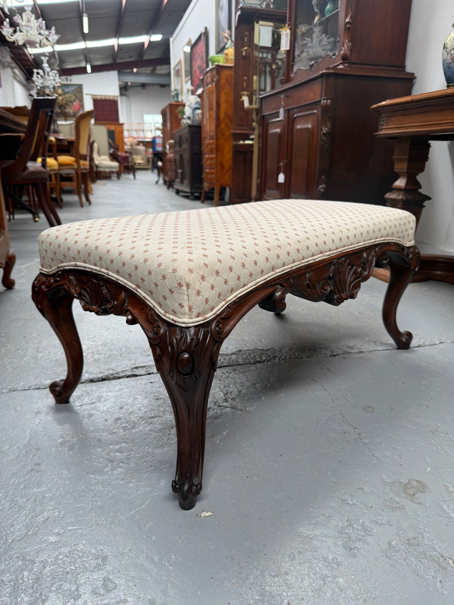 Antique 19th Century French Carved Walnut & Upholstered Stool