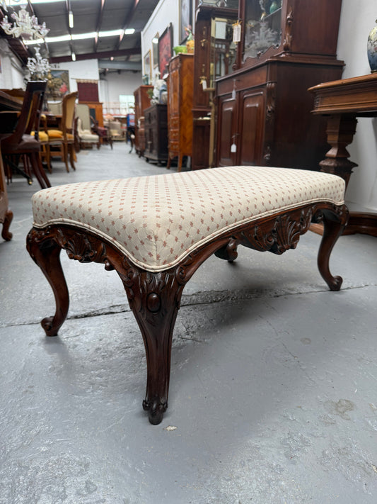 Antique 19th Century French Carved Walnut & Upholstered Stool