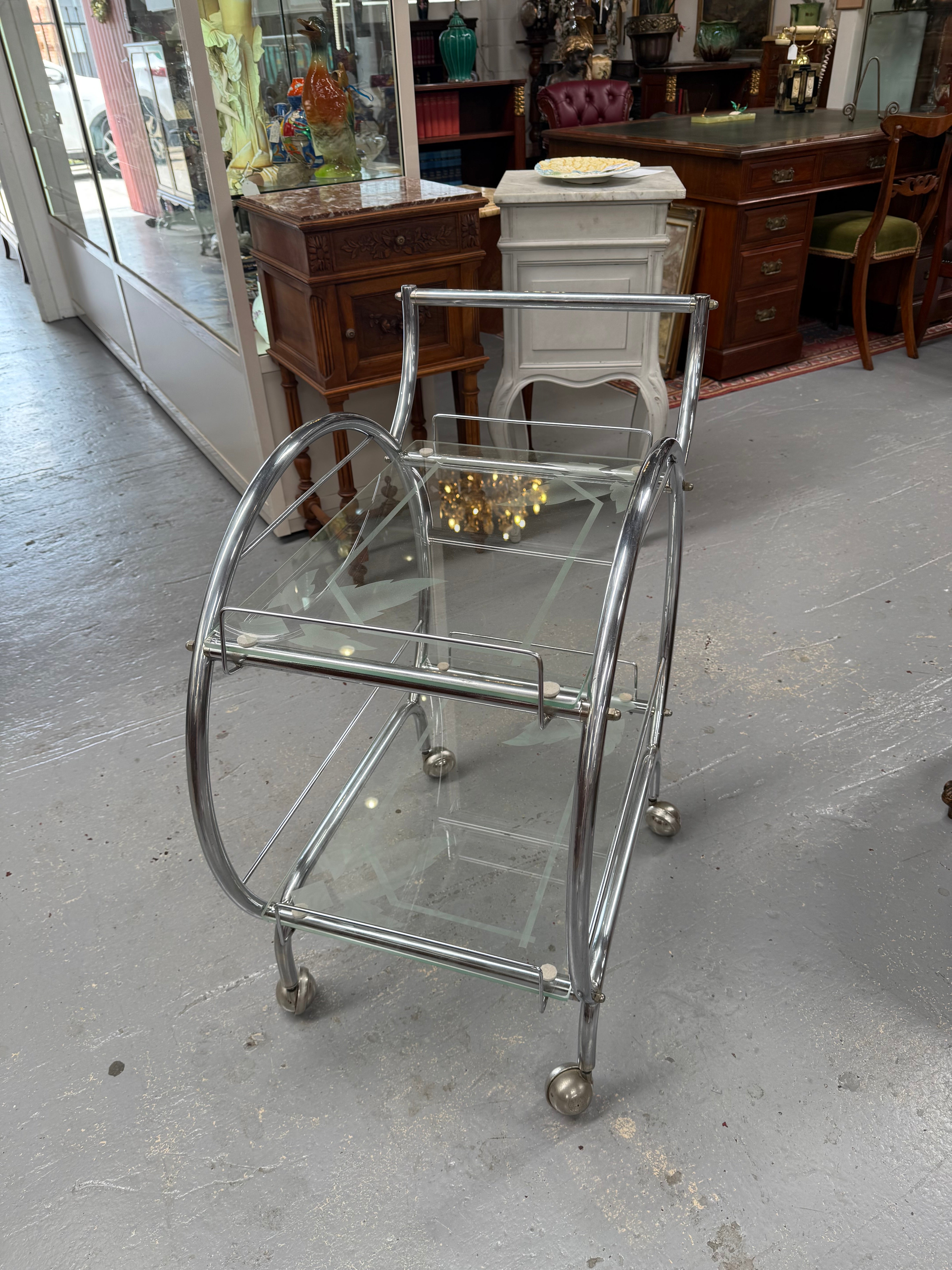 Stunning Art Deco Glass & Chrome Auto Trolley | Antique & Vintage | Moonee Ponds Antiques | Australia Wide Delivery