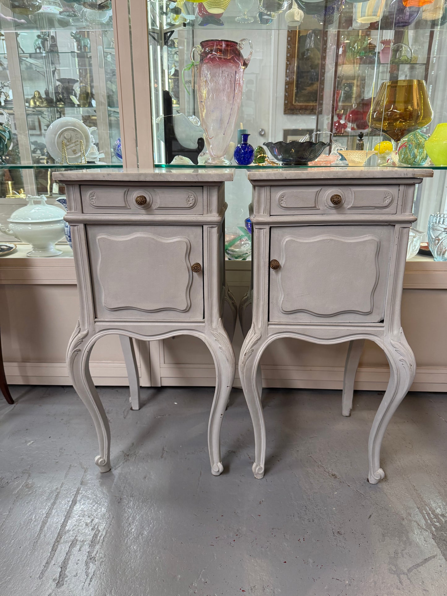 Pair of Louis XVth Style Chalk Painted Bedside cabinets