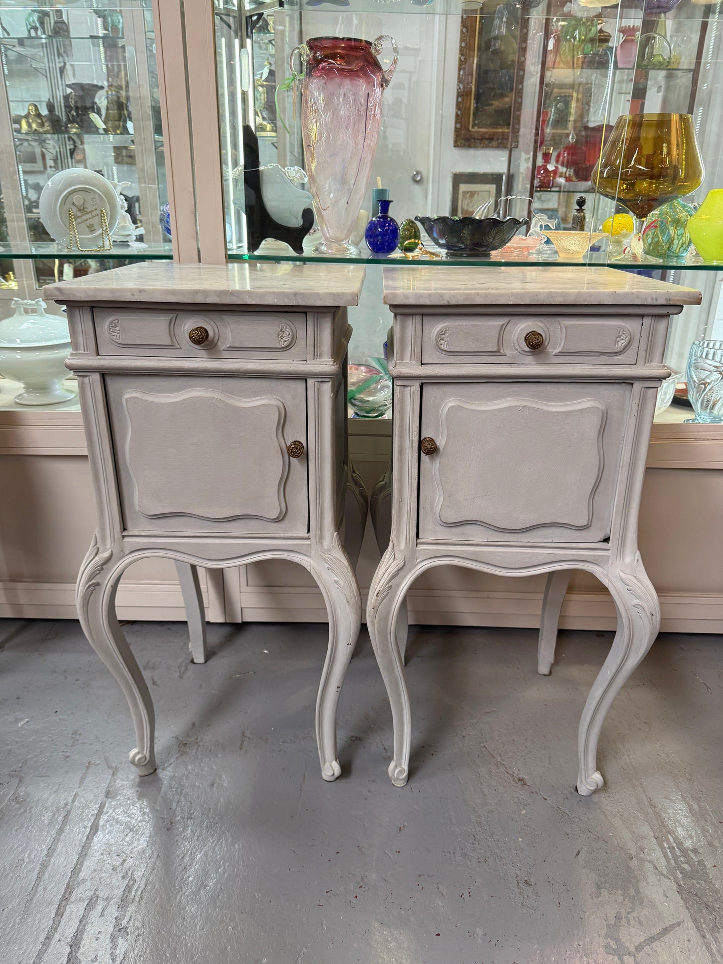 Pair of Louis XVth Style Chalk Painted Bedside cabinets