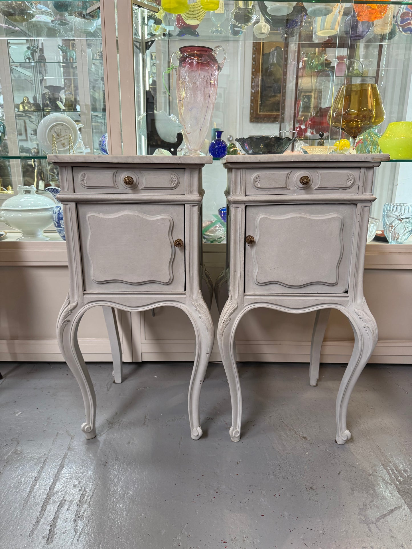 Pair of Louis XVth Style Chalk Painted Bedside cabinets