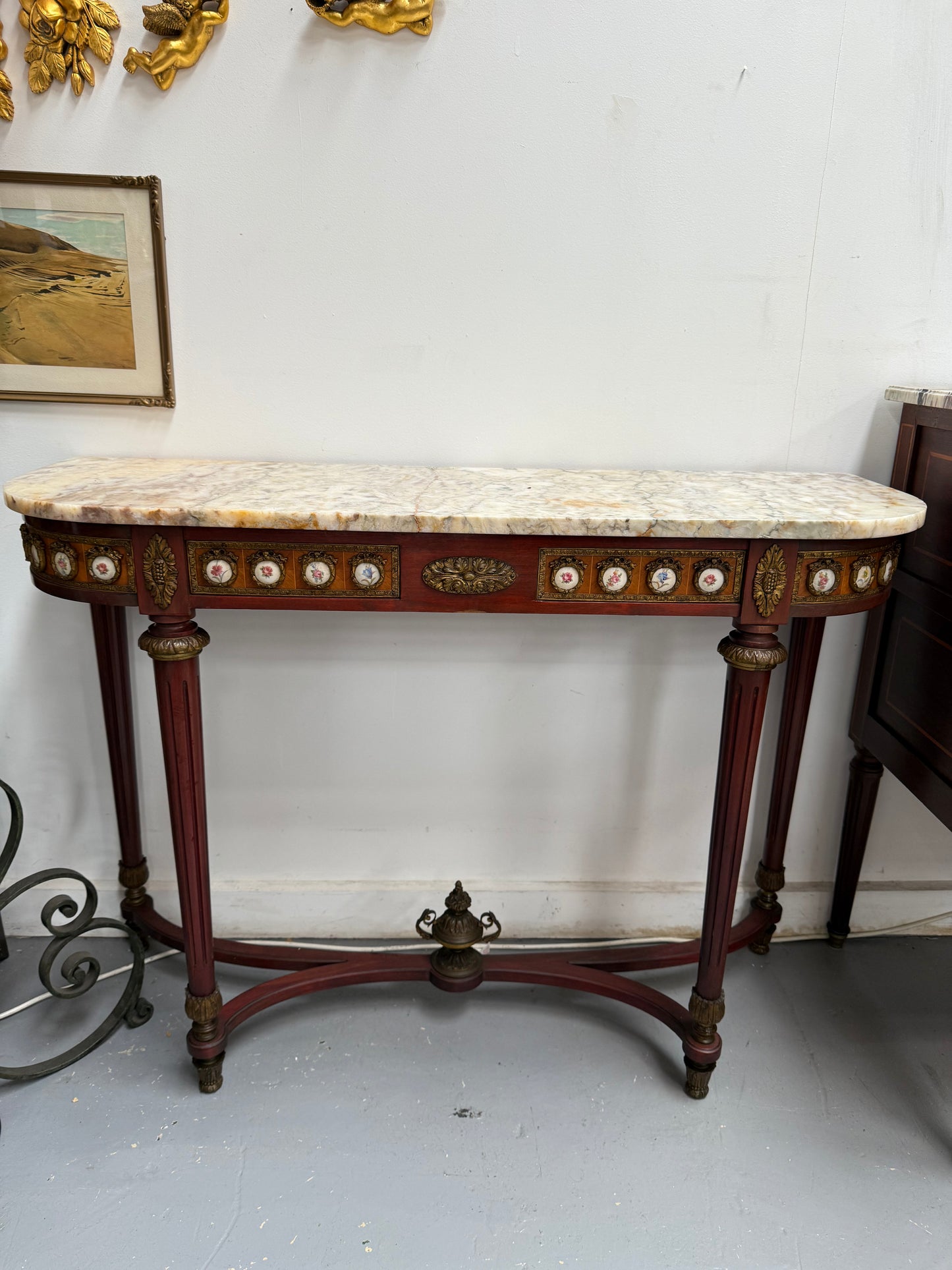 Attractive Mahogany French Style Marble Top Console Table