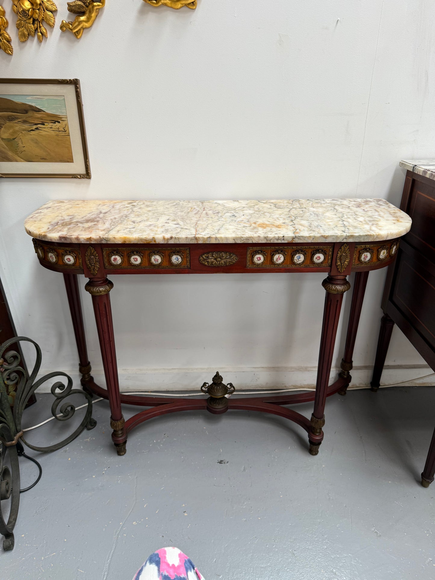 Attractive Mahogany French Style Marble Top Console Table