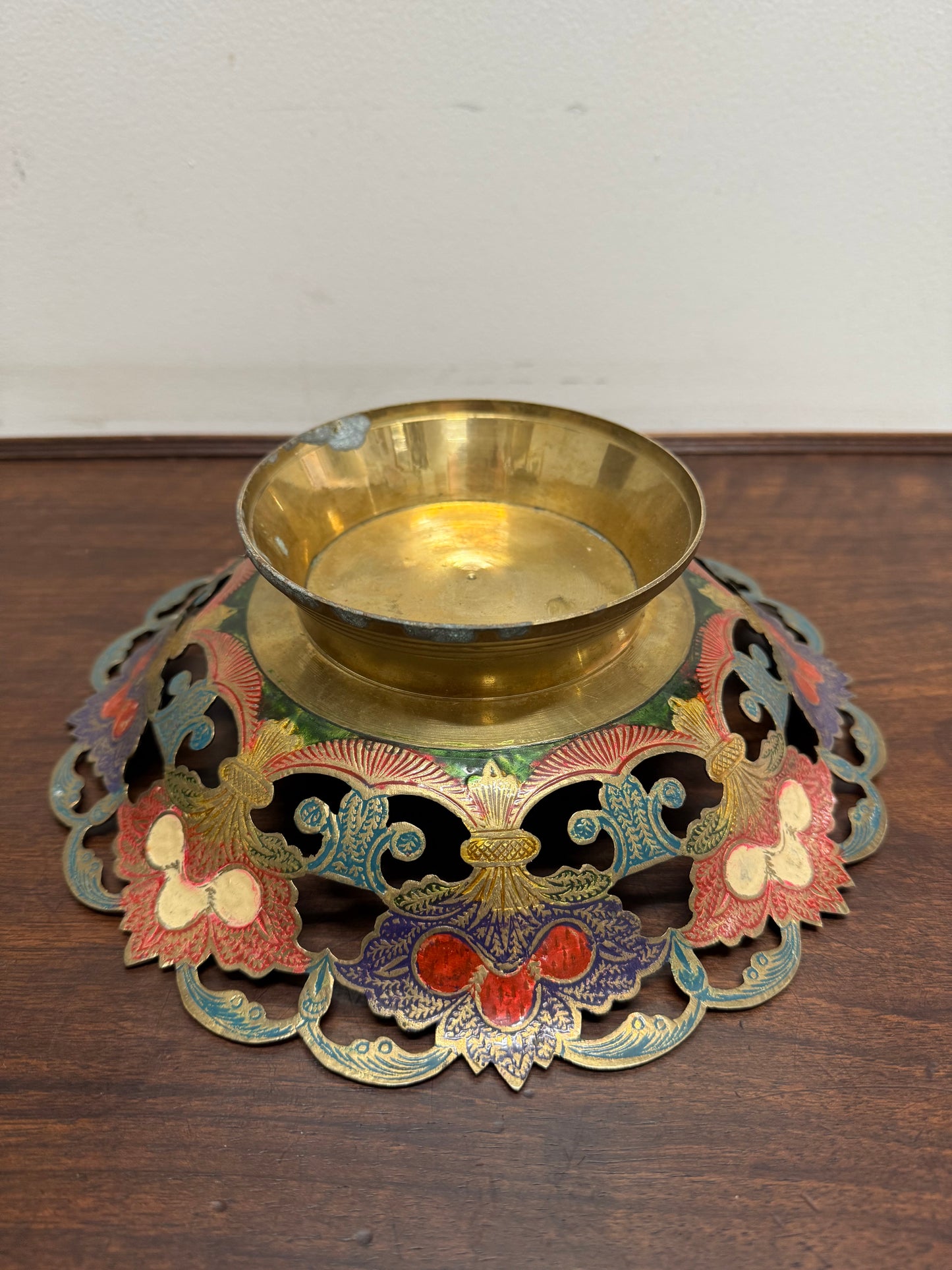 Vintage Hand Enamelled Brass Bowl