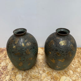 Pair of Vintage Japanese Green/Gilt Vases
