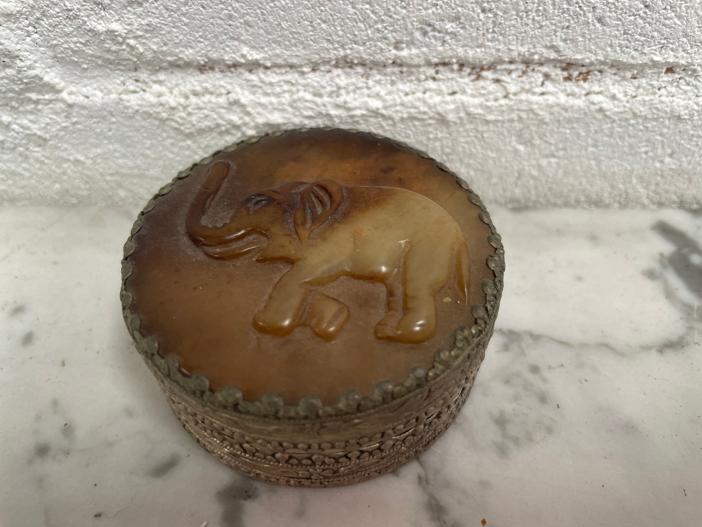 Vintage Asian Silver & Carved Jade Trinket Box