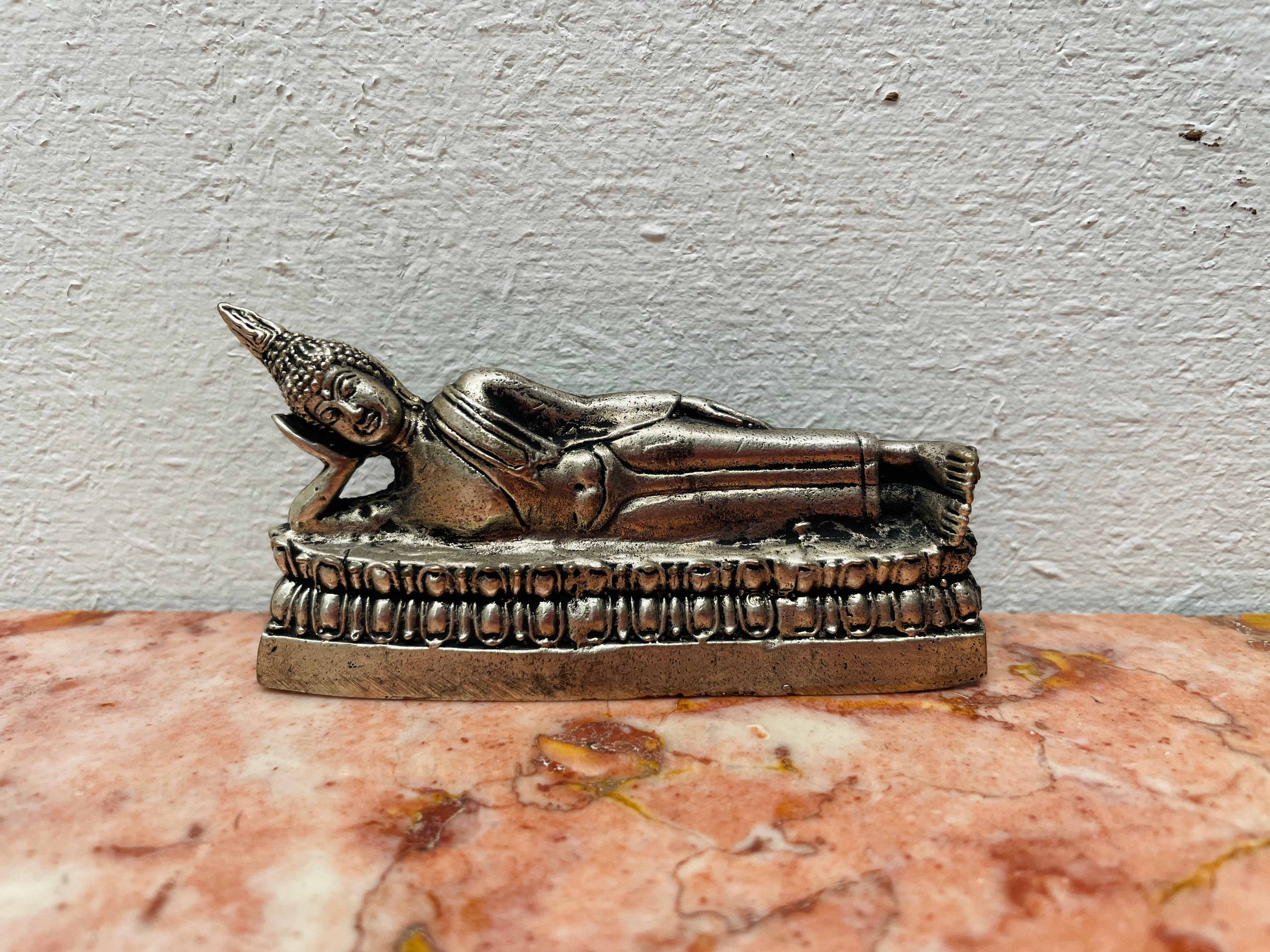 Vintage Silver Reclining Buddha Statue