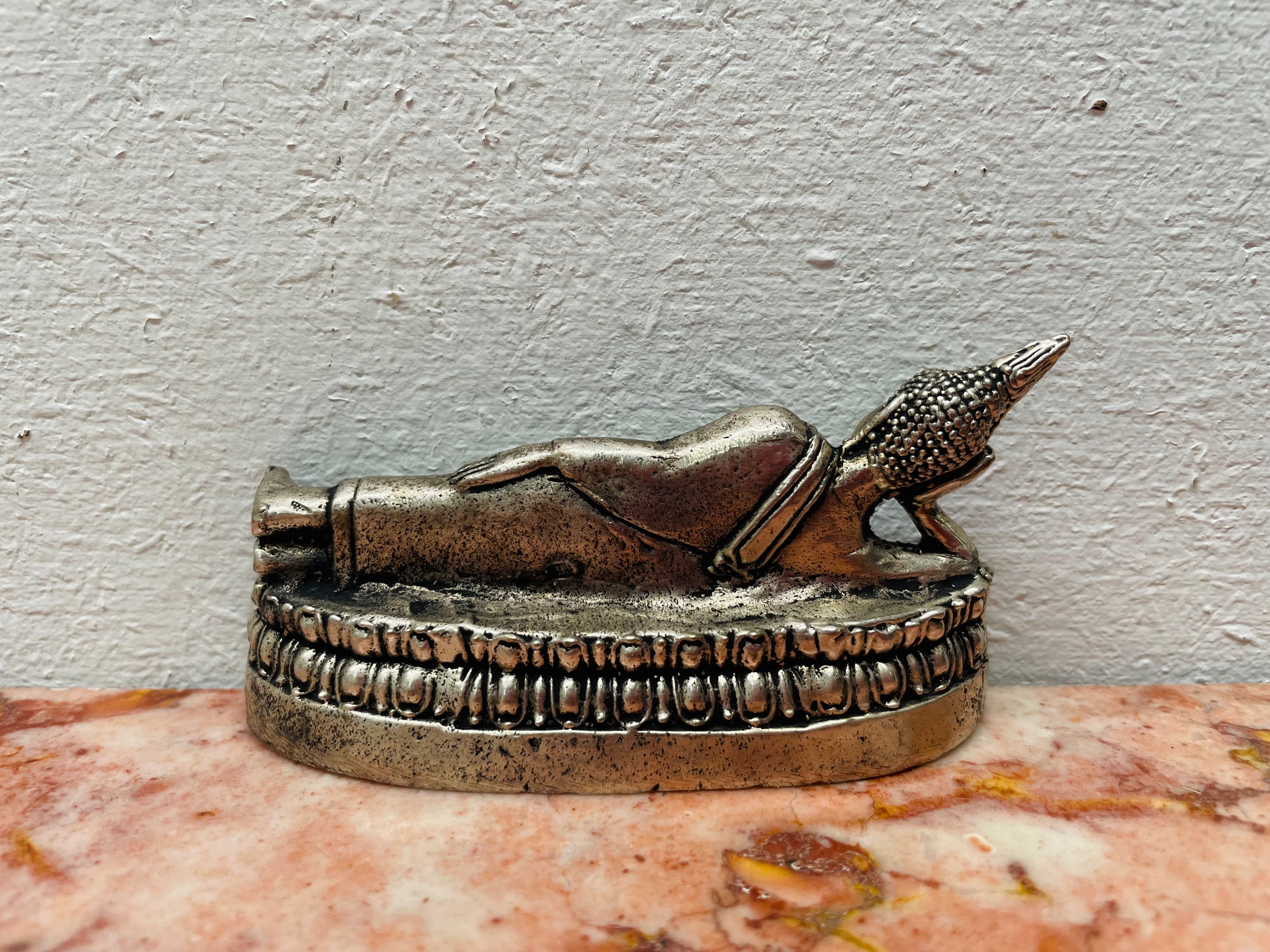 Vintage Silver Reclining Buddha Statue