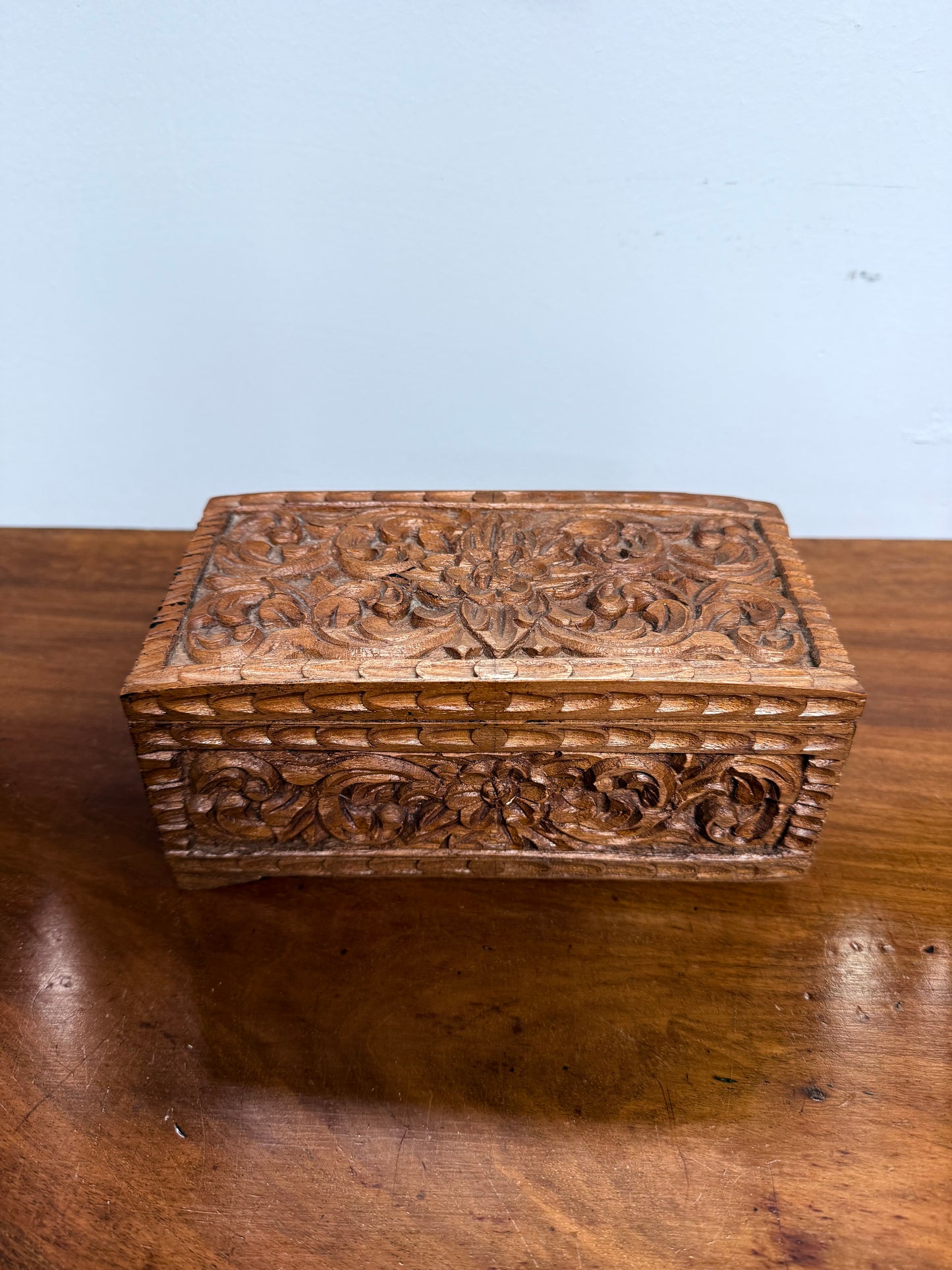 Vintage Hinged Carved Wooden Box