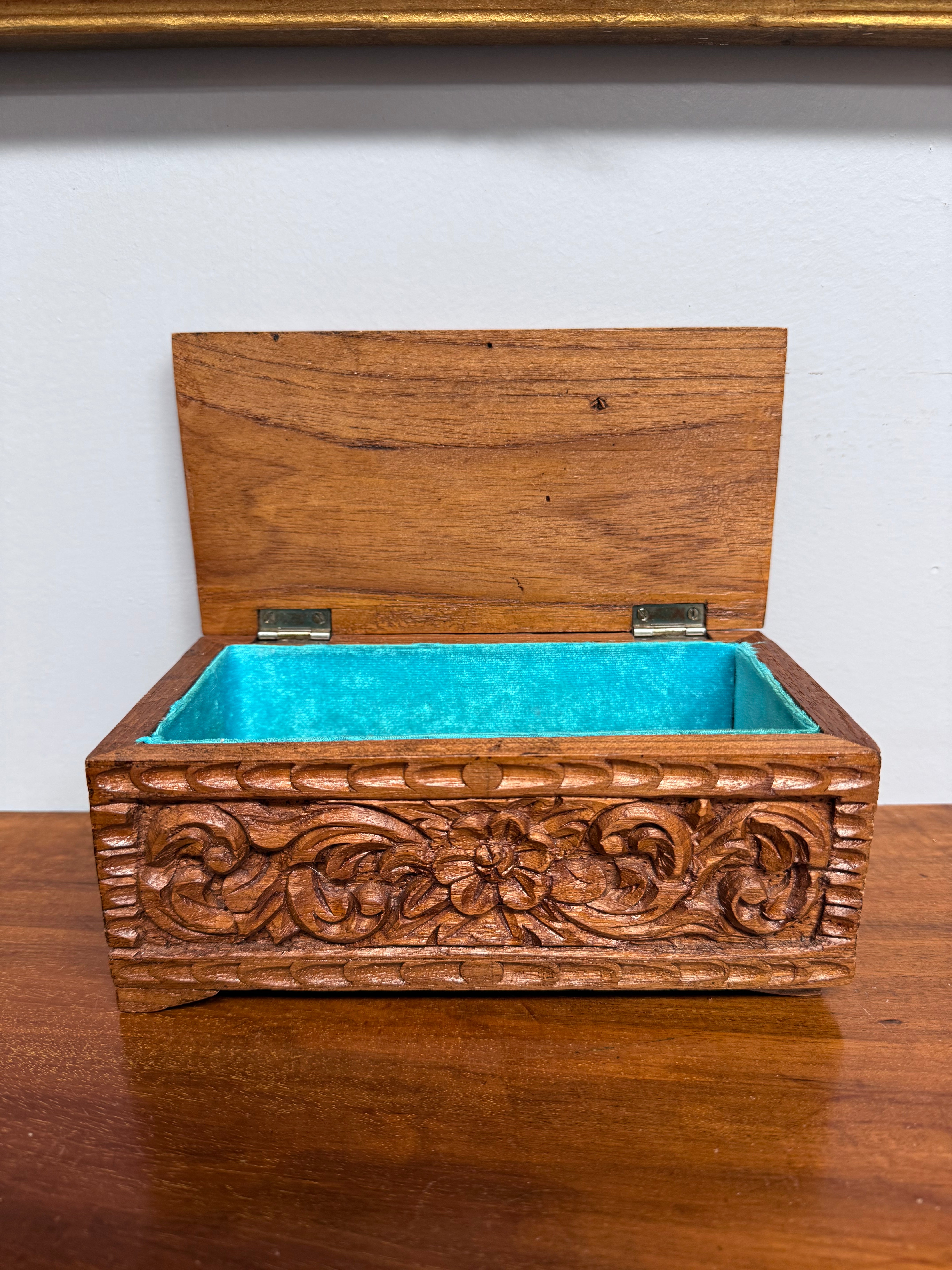 Vintage Hinged Carved Wooden Box