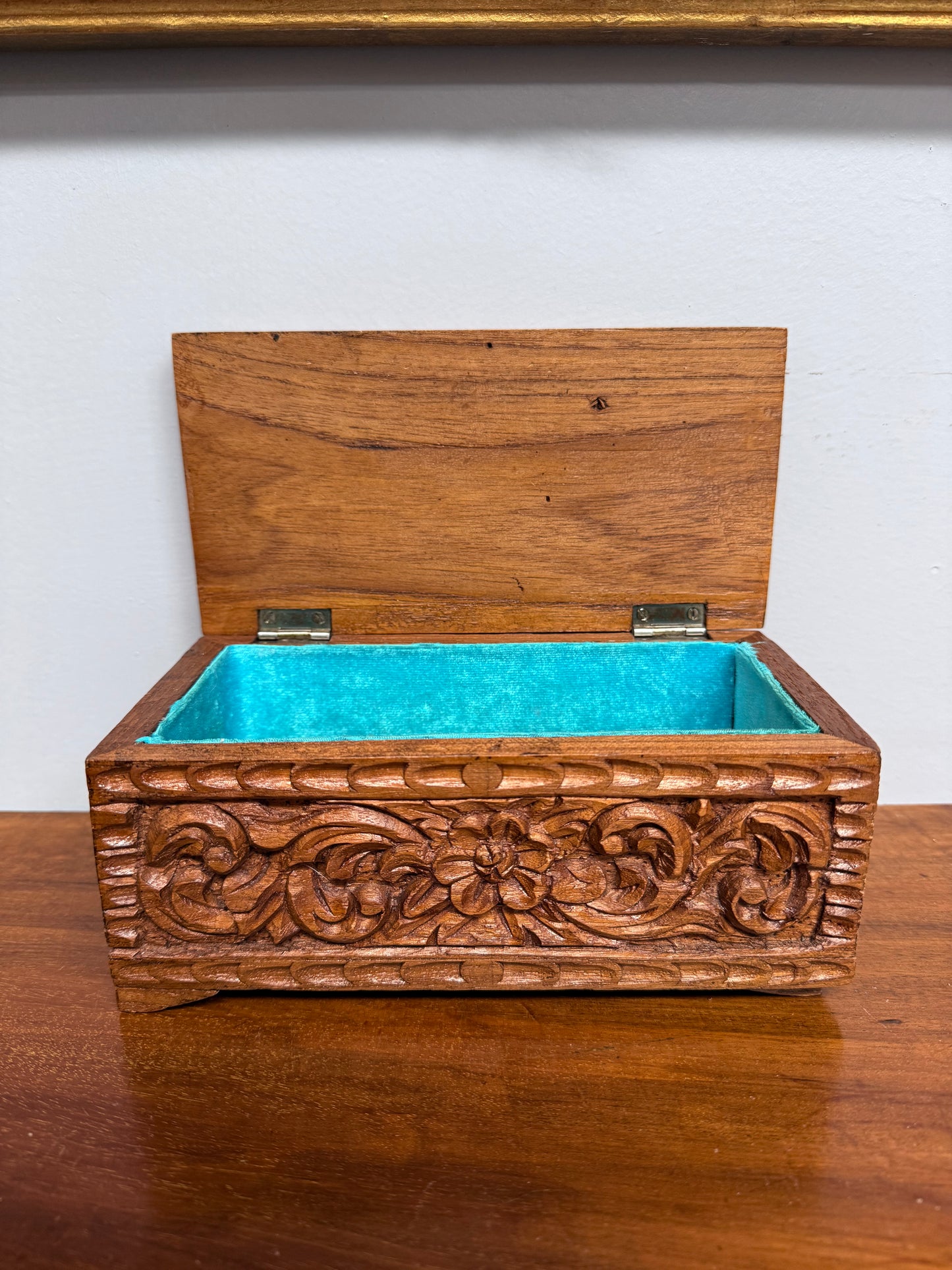 Vintage Hinged Carved Wooden Box