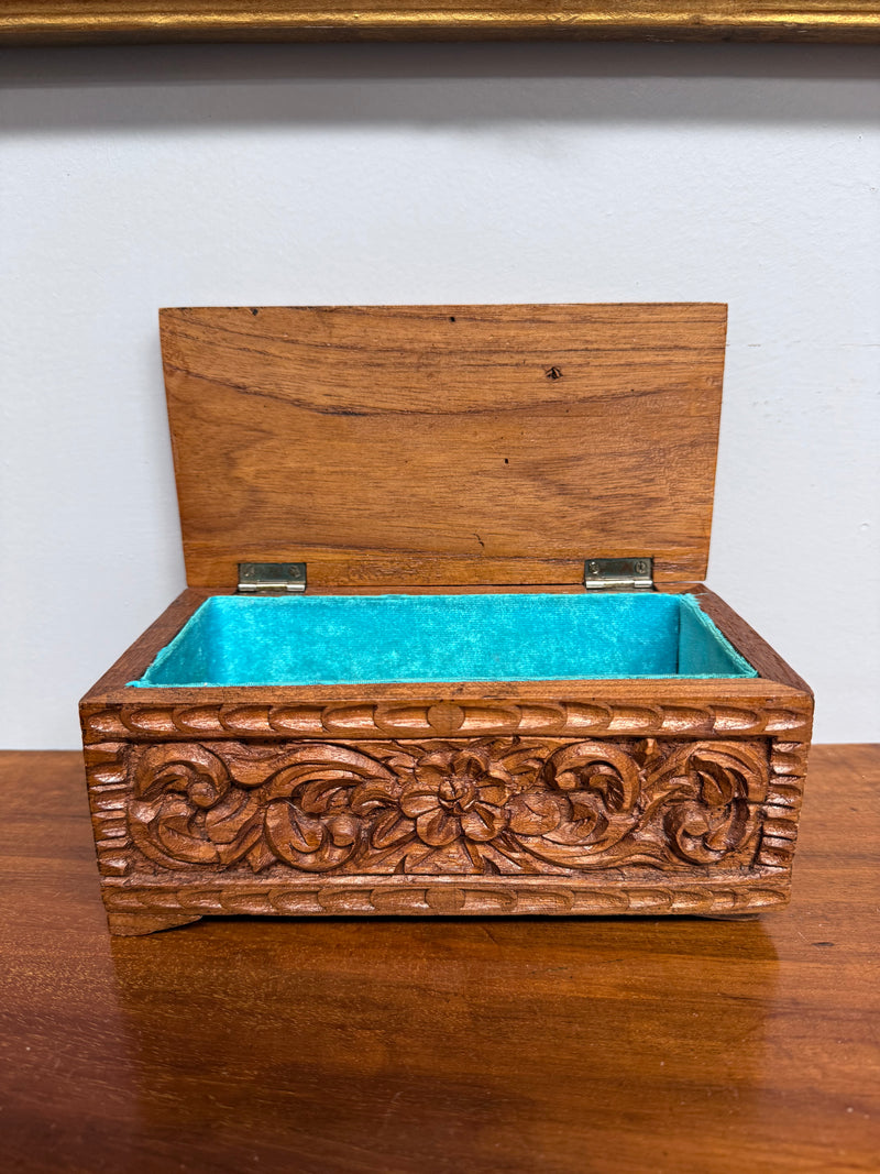 Vintage Hinged Carved Wooden Box