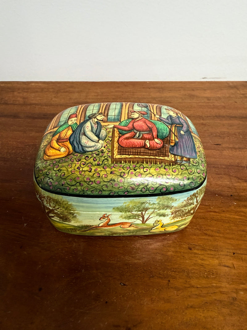 Vintage Hand Painted Persian Moghul Papier Mache Trinket Box