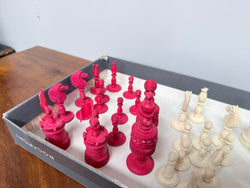 Antique Bone Very Fine Barley Corn Pattern Red & White Chess Set | Antique & Vintage | Moonee Ponds Antiques | Australia Wide Delivery