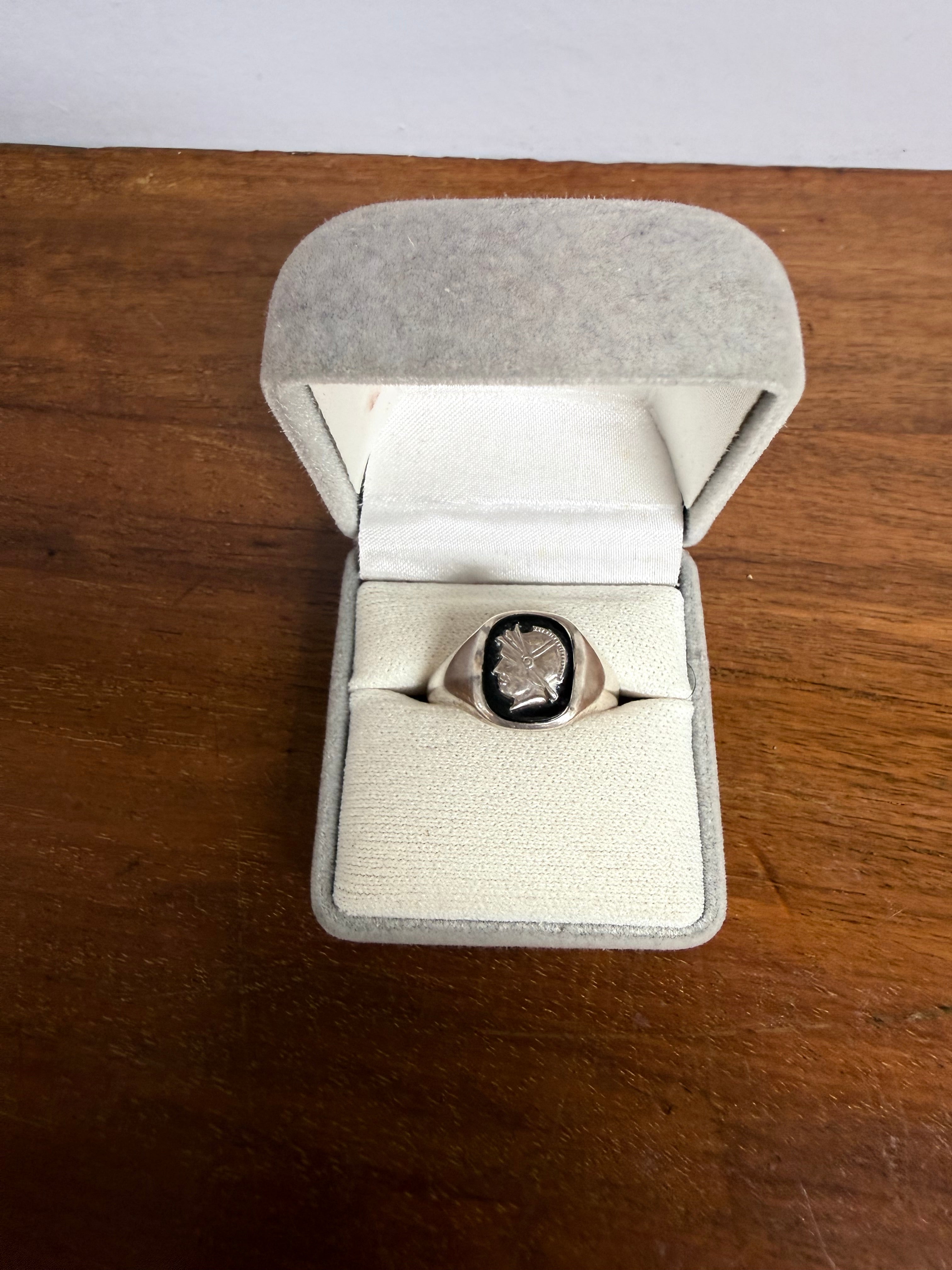 Vintage Sterling Silver Ring with Roman Soldier Head On Black Background | Antique & Vintage | Moonee Ponds Antiques | Australia Wide