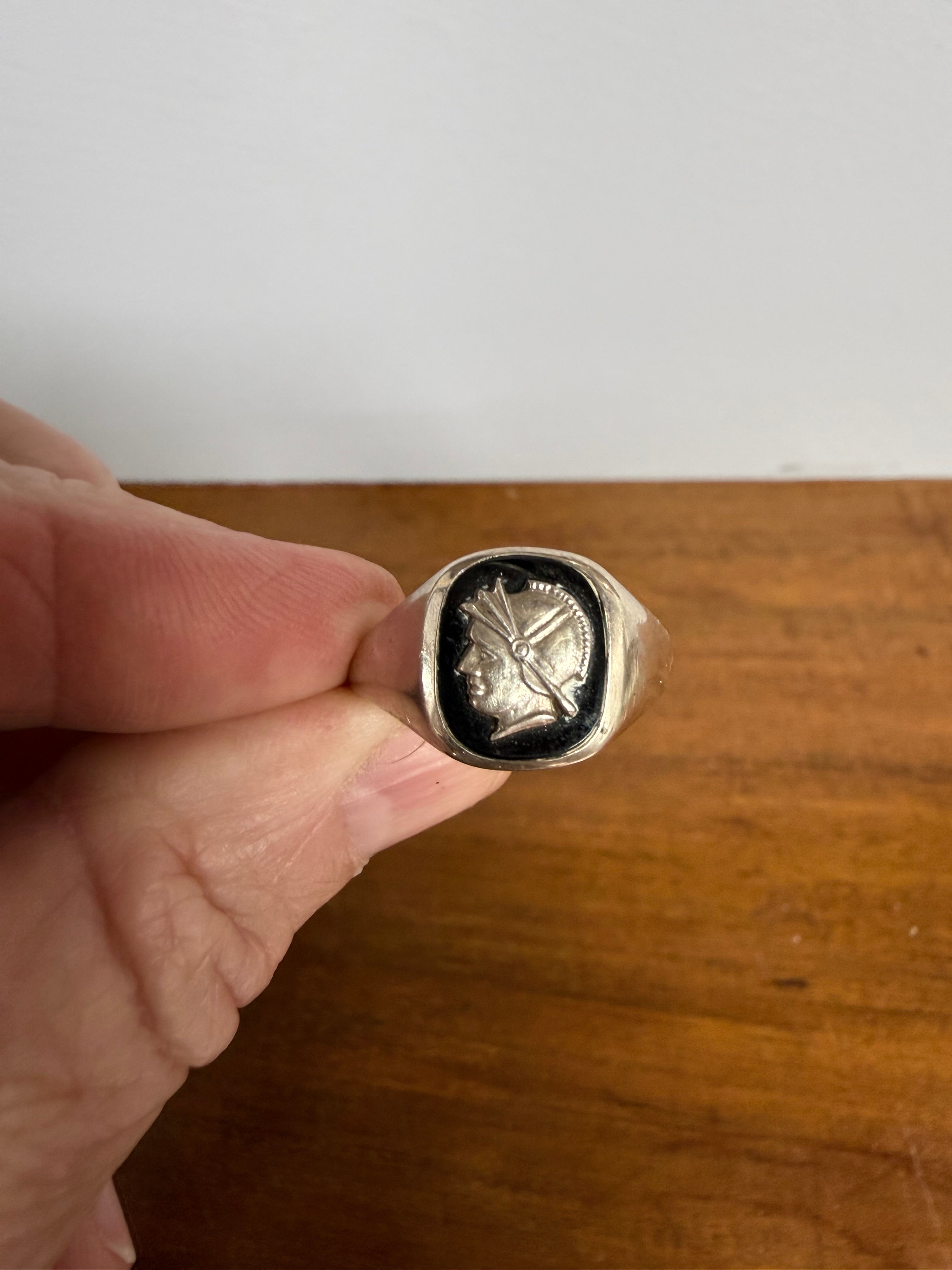 Vintage Sterling Silver Ring with Roman Soldier Head On Black Background | Antique & Vintage | Moonee Ponds Antiques | Australia Wide