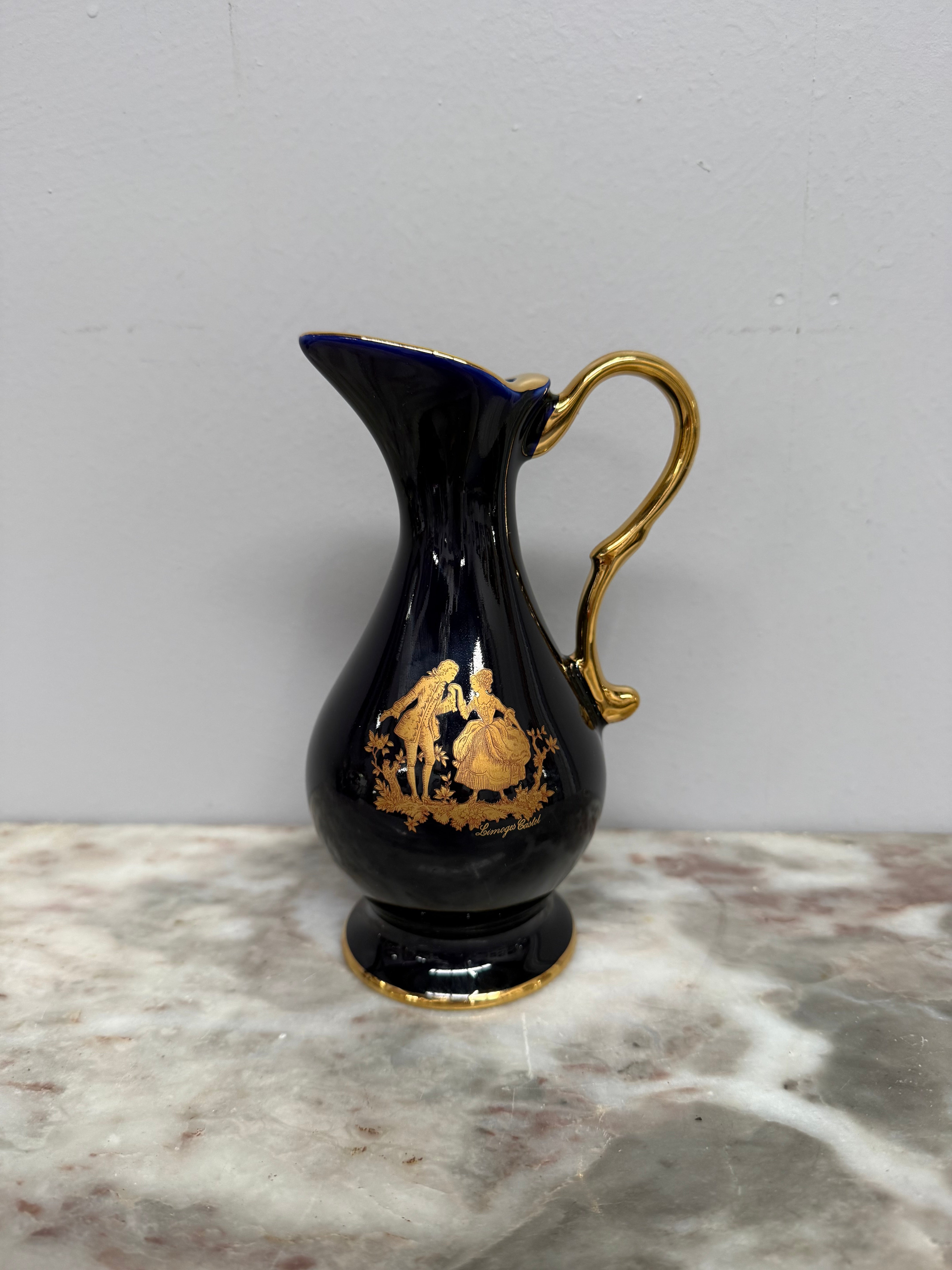 Limoges Vintage Cobalt Blue & Gilt Jug Signed 22K Gold